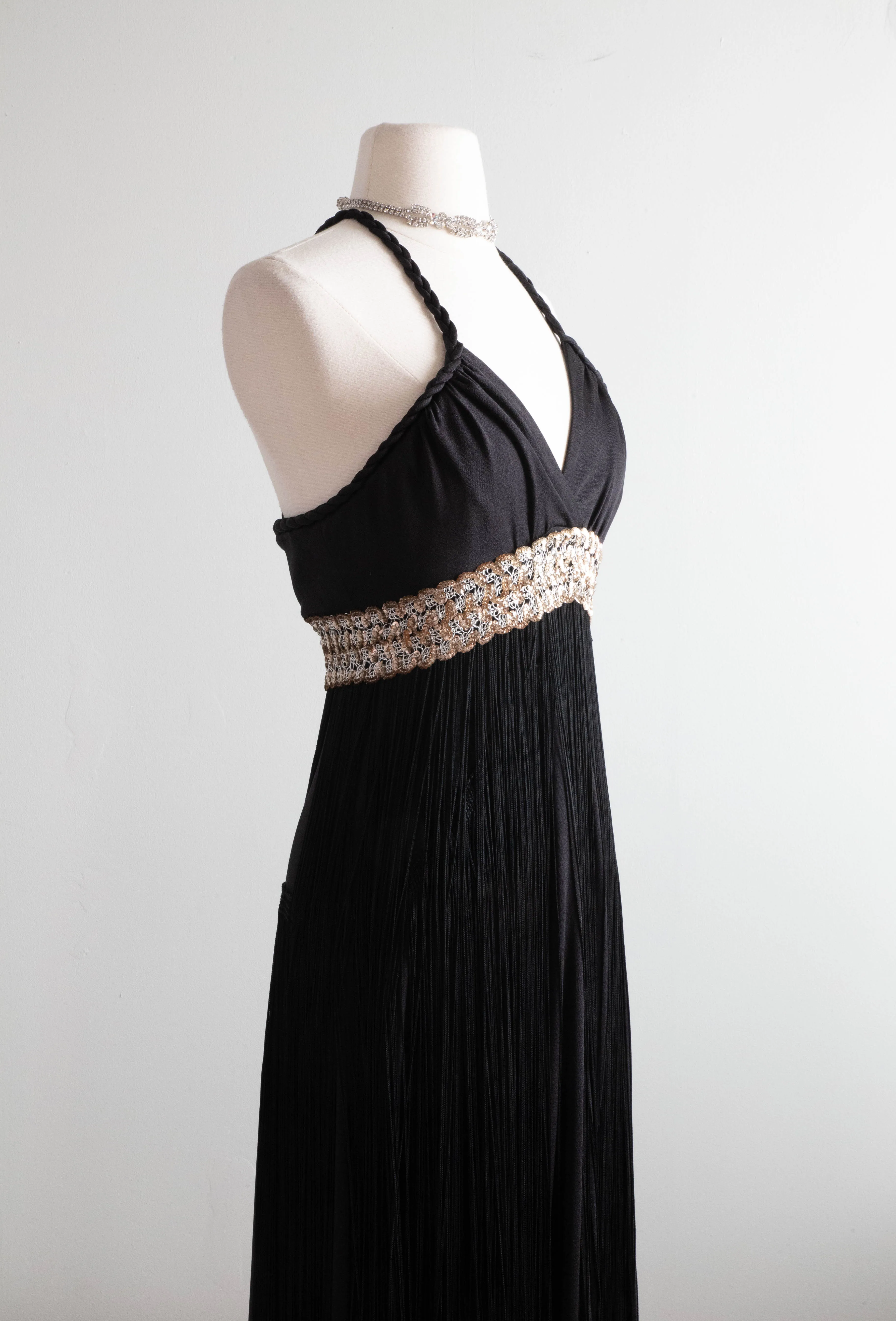 1970s Disco Glam Black Full Fringe Maxi Dress / Small