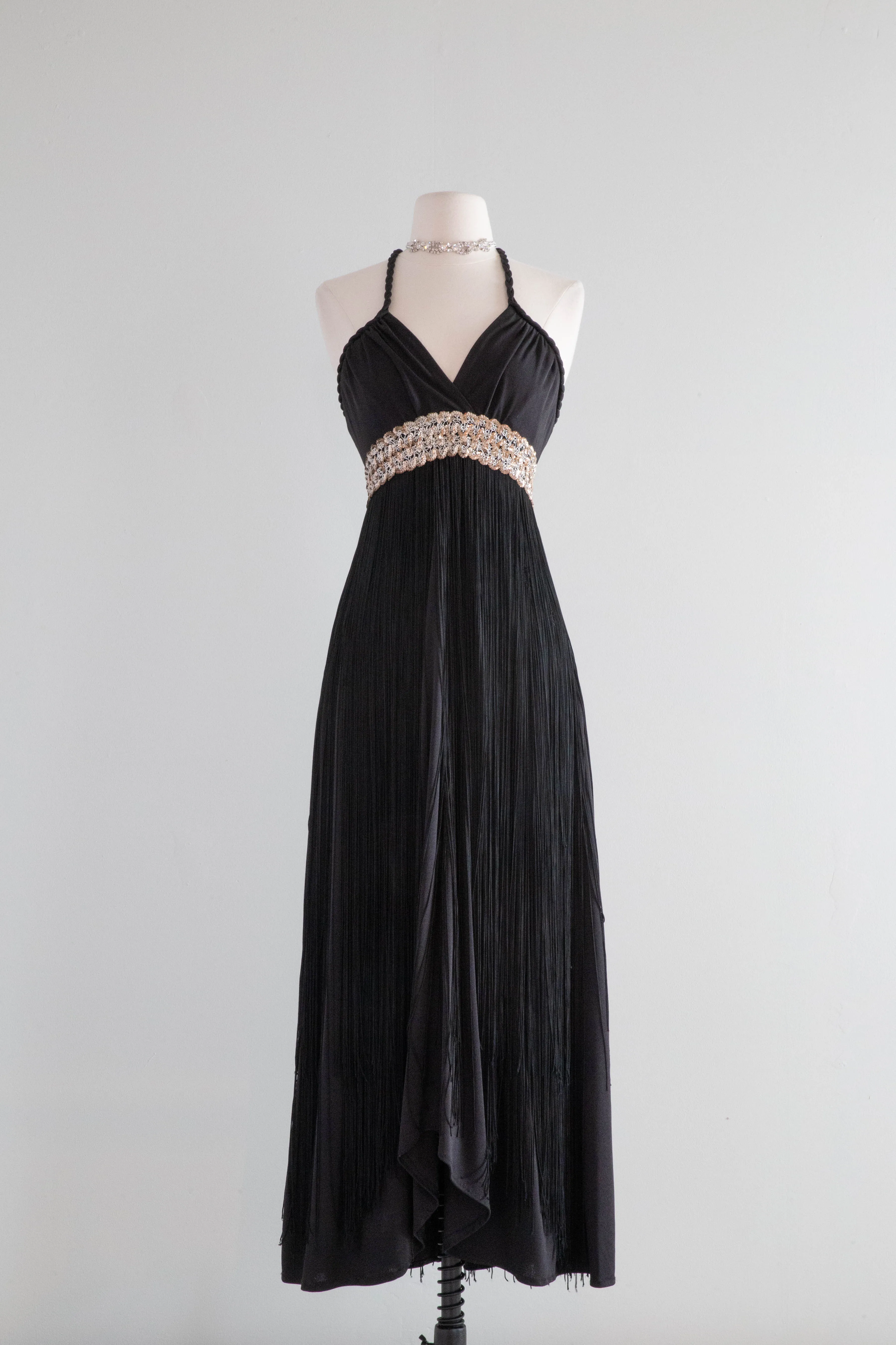 1970s Disco Glam Black Full Fringe Maxi Dress / Small