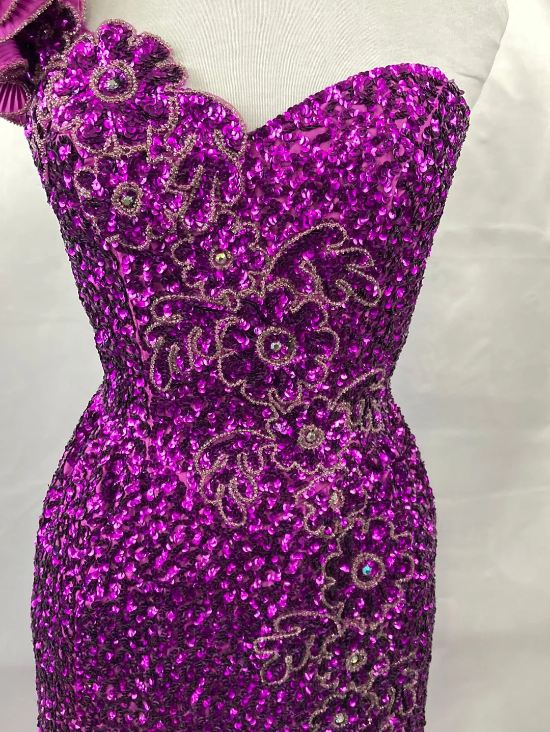 1980's Sequin Purple Off Shoulder Prom Dress Vintage Women's Dress Size X-Small