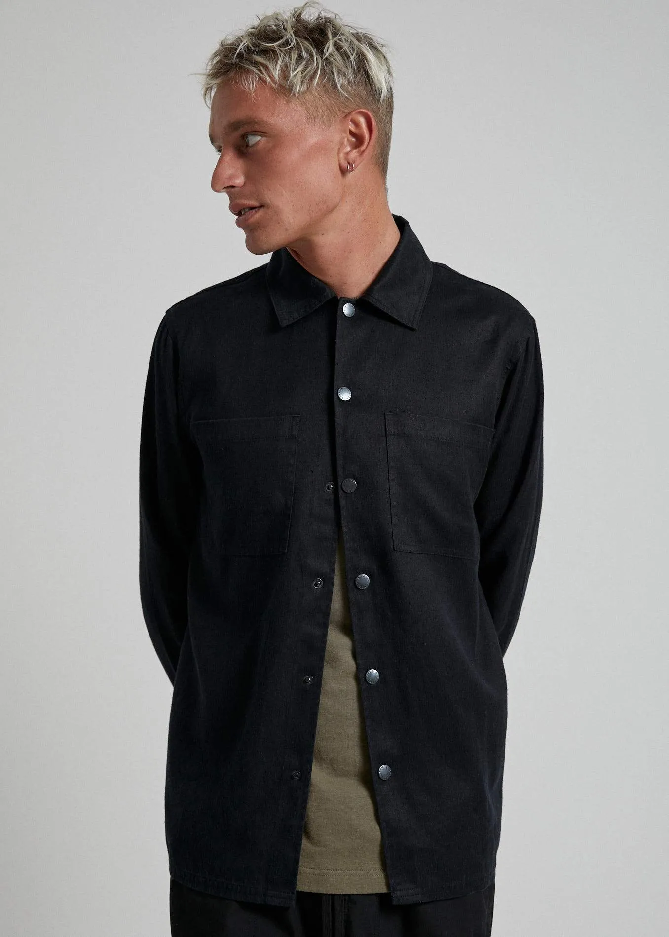 Afends Mens Late Start - Hemp Work Long Sleeve Shirt - Black