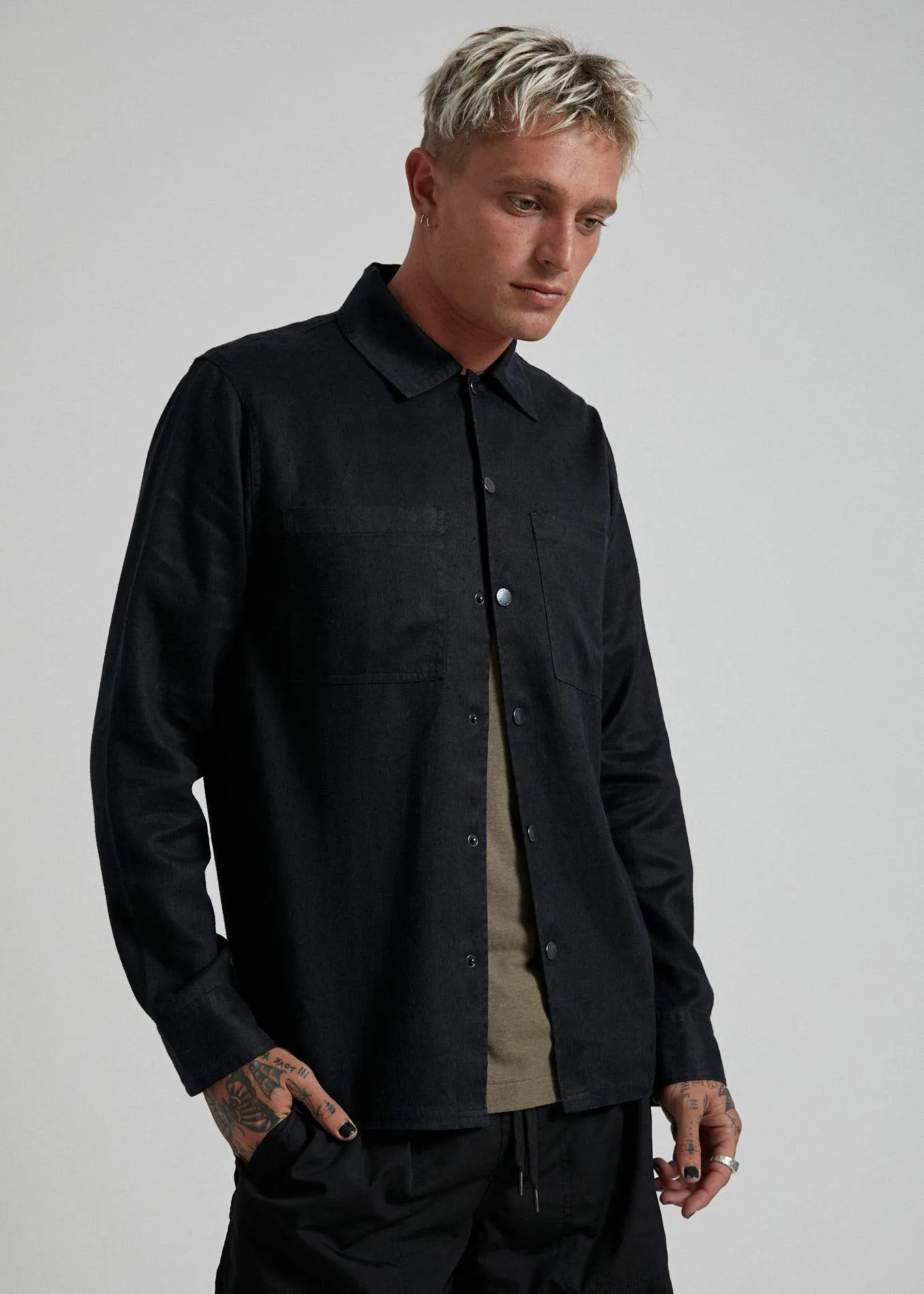 Afends Mens Late Start - Hemp Work Long Sleeve Shirt - Black