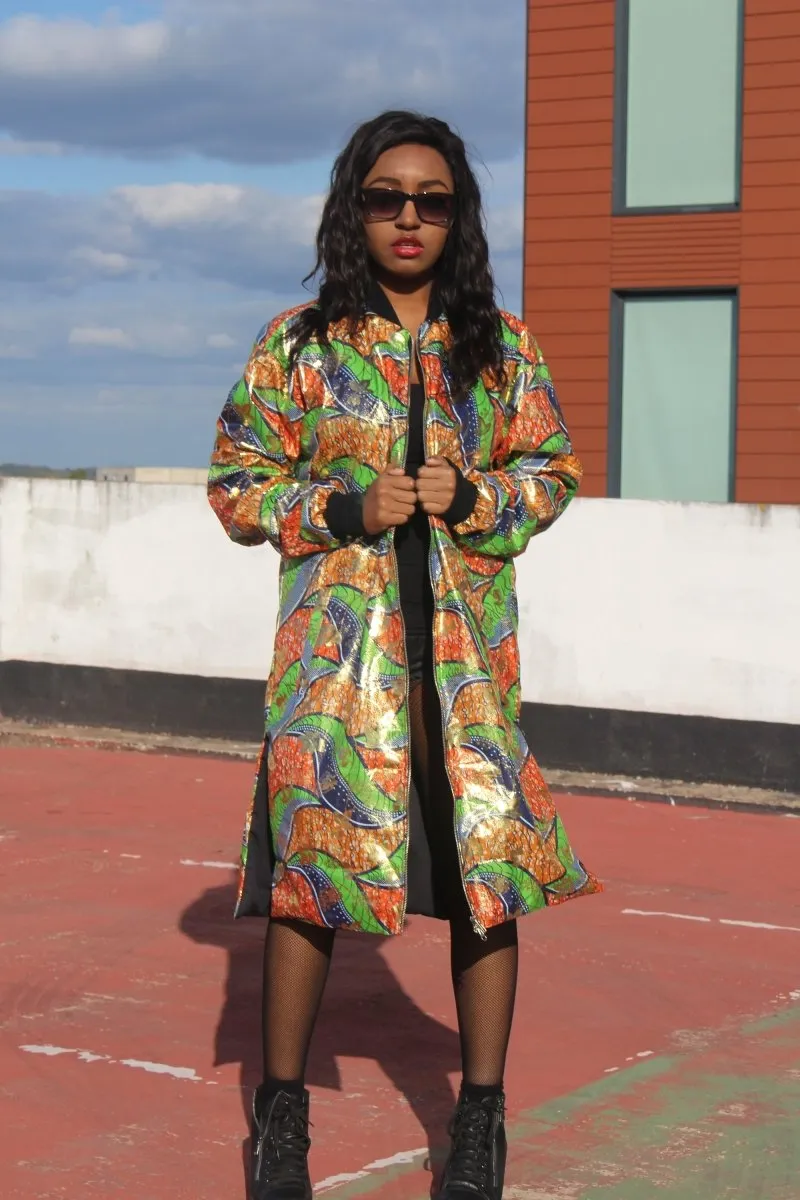 African Trench Coat in Gold Green Ankara Print