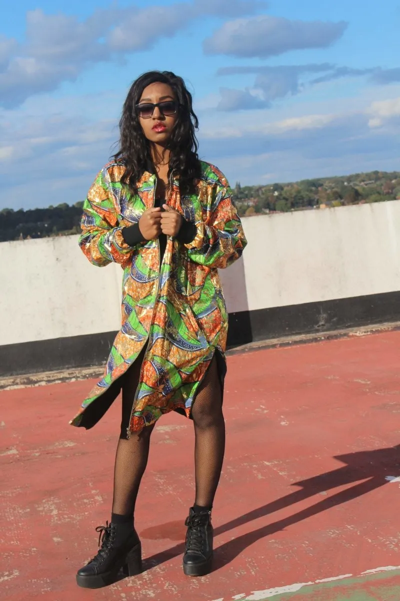 African Trench Coat in Gold Green Ankara Print