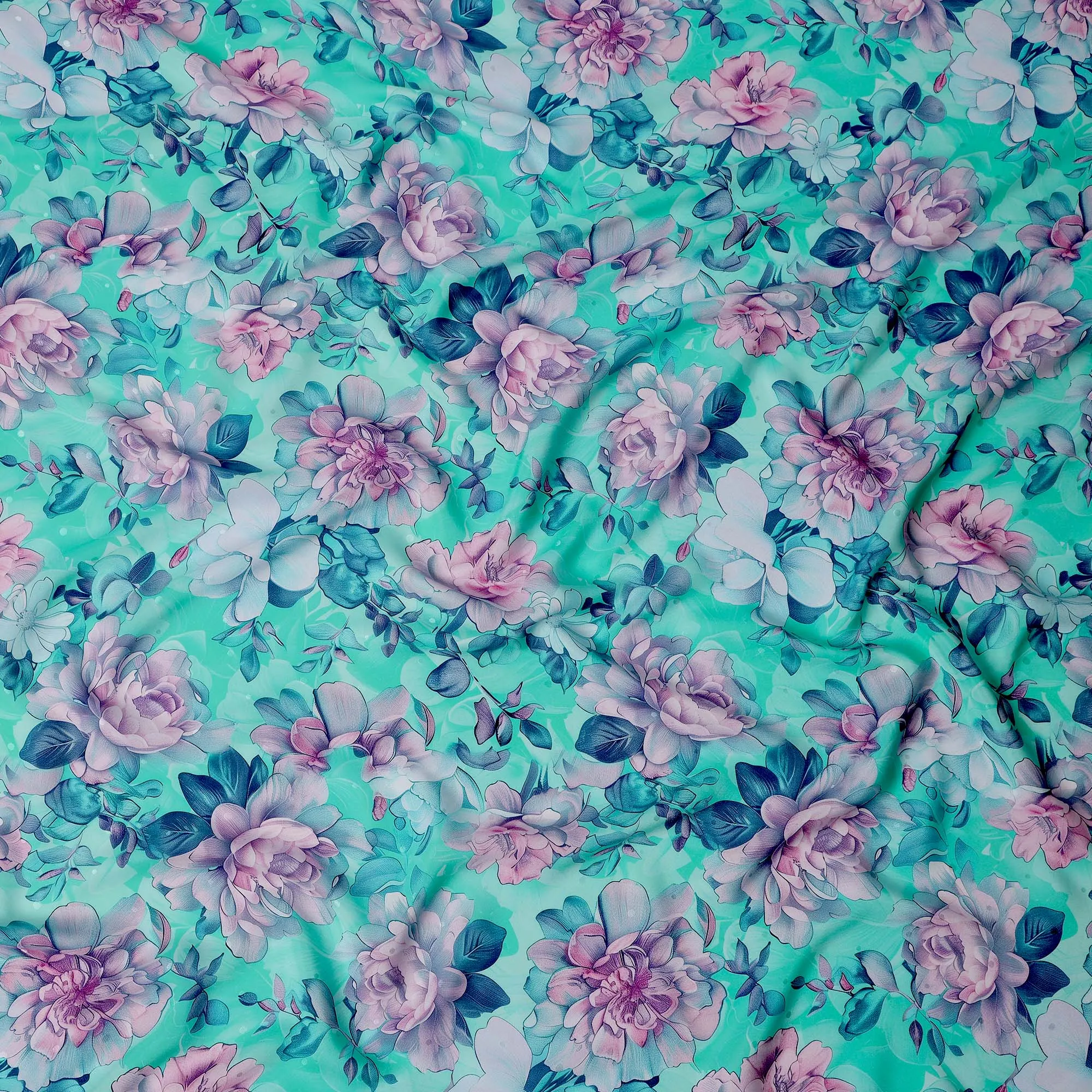 Aqua and Pink Floral Print Pure Silk Satin Fabric, 140 cm Width, Made in Italy -D21167