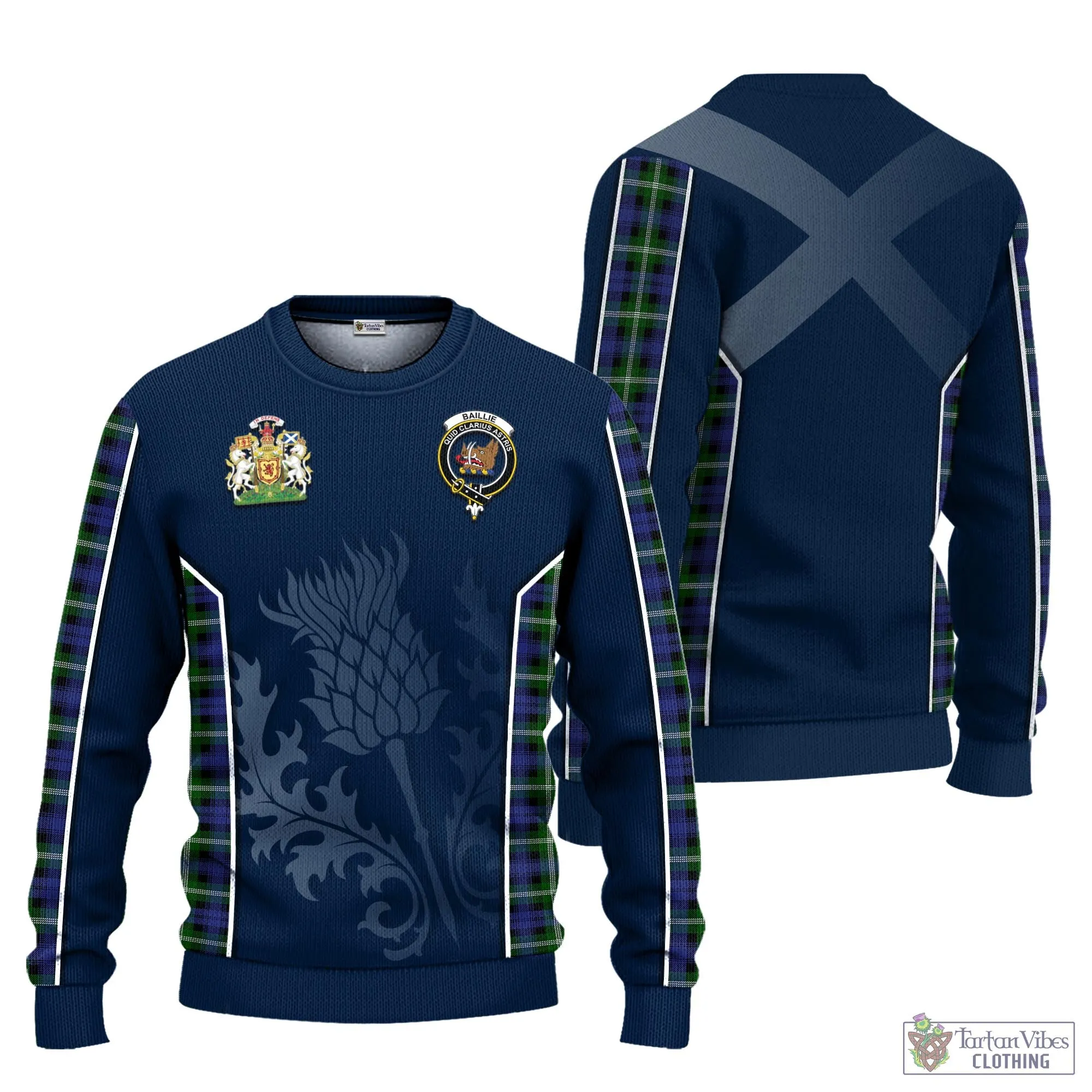 Baillie (Bailey) Tartan Knitted Sweatshirt with Family Crest and Scottish Thistle Vibes Sport Style