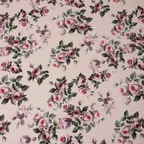 Beige and Pink Rose Print Pure Silk Satin Fabric, 140 cm Width, Made in Italy -D21173