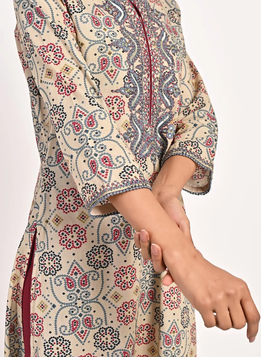 Beige Embroidered Bandhani Print Kurti