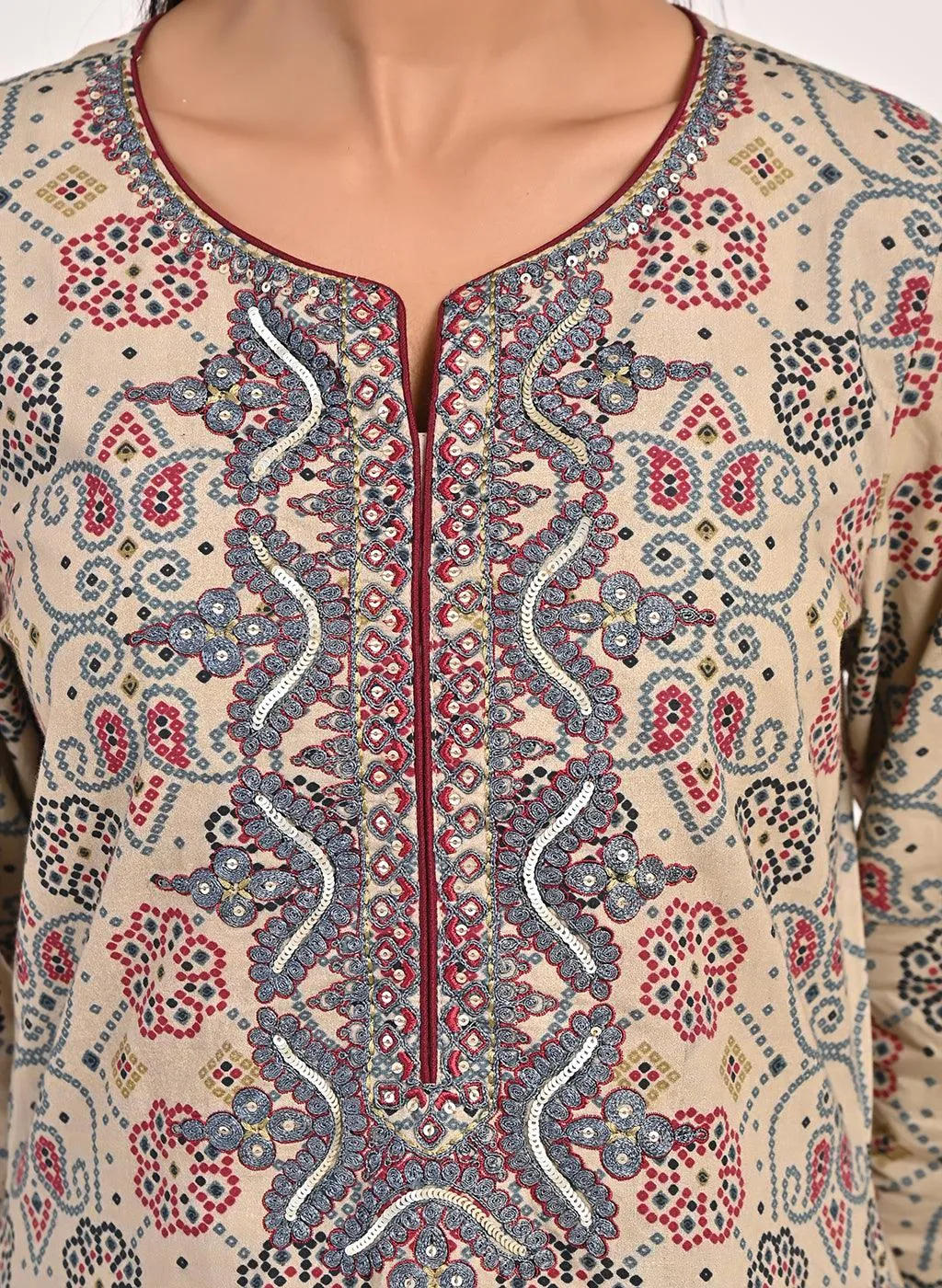 Beige Embroidered Bandhani Print Kurti