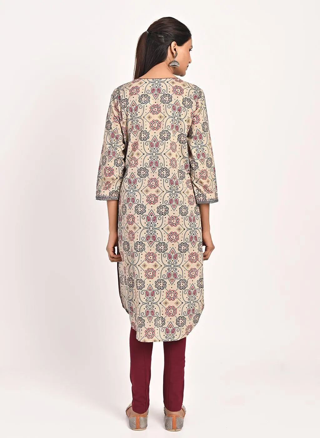 Beige Embroidered Bandhani Print Kurti