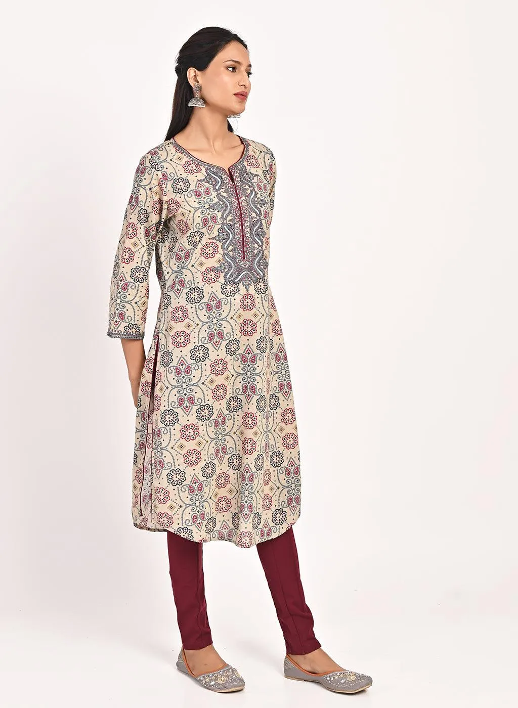 Beige Embroidered Bandhani Print Kurti