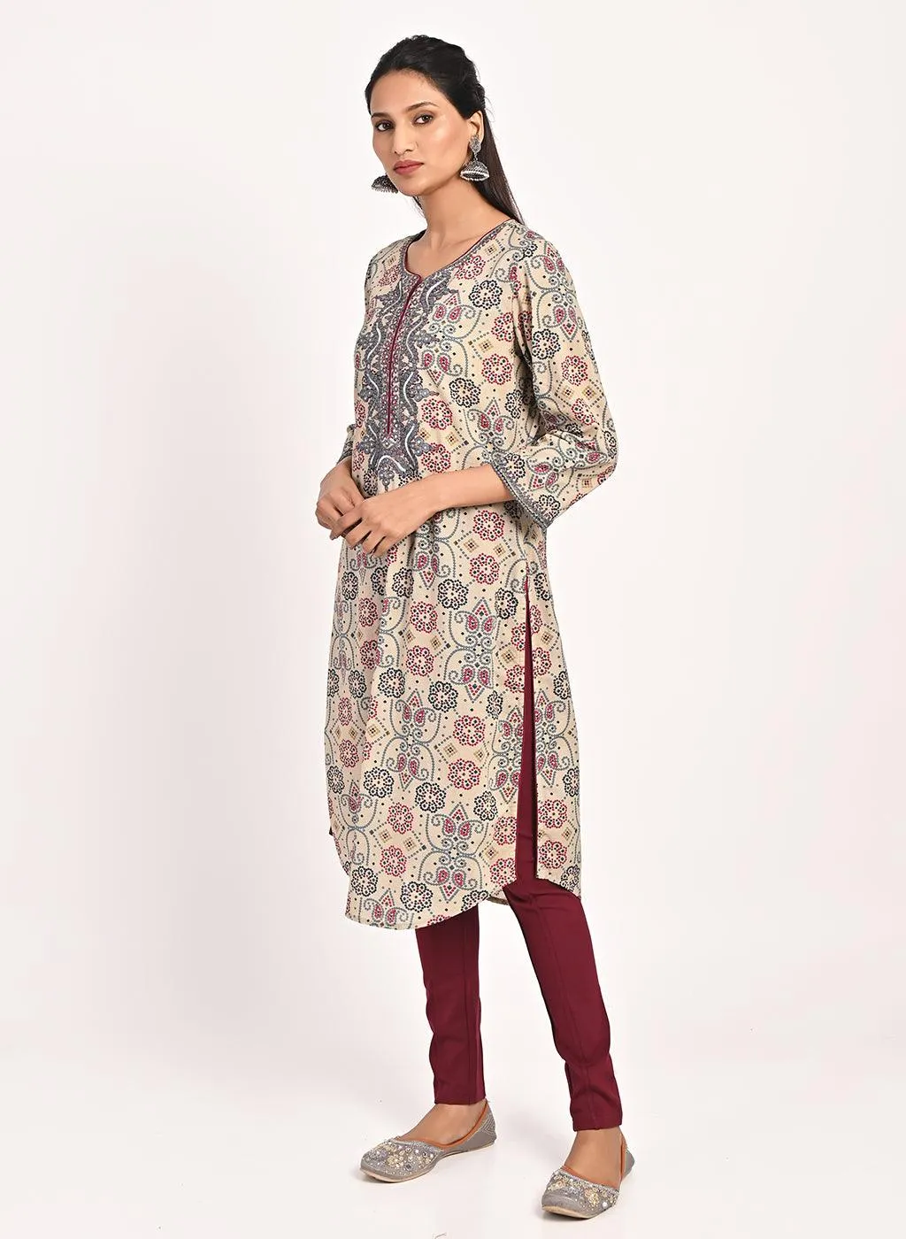 Beige Embroidered Bandhani Print Kurti