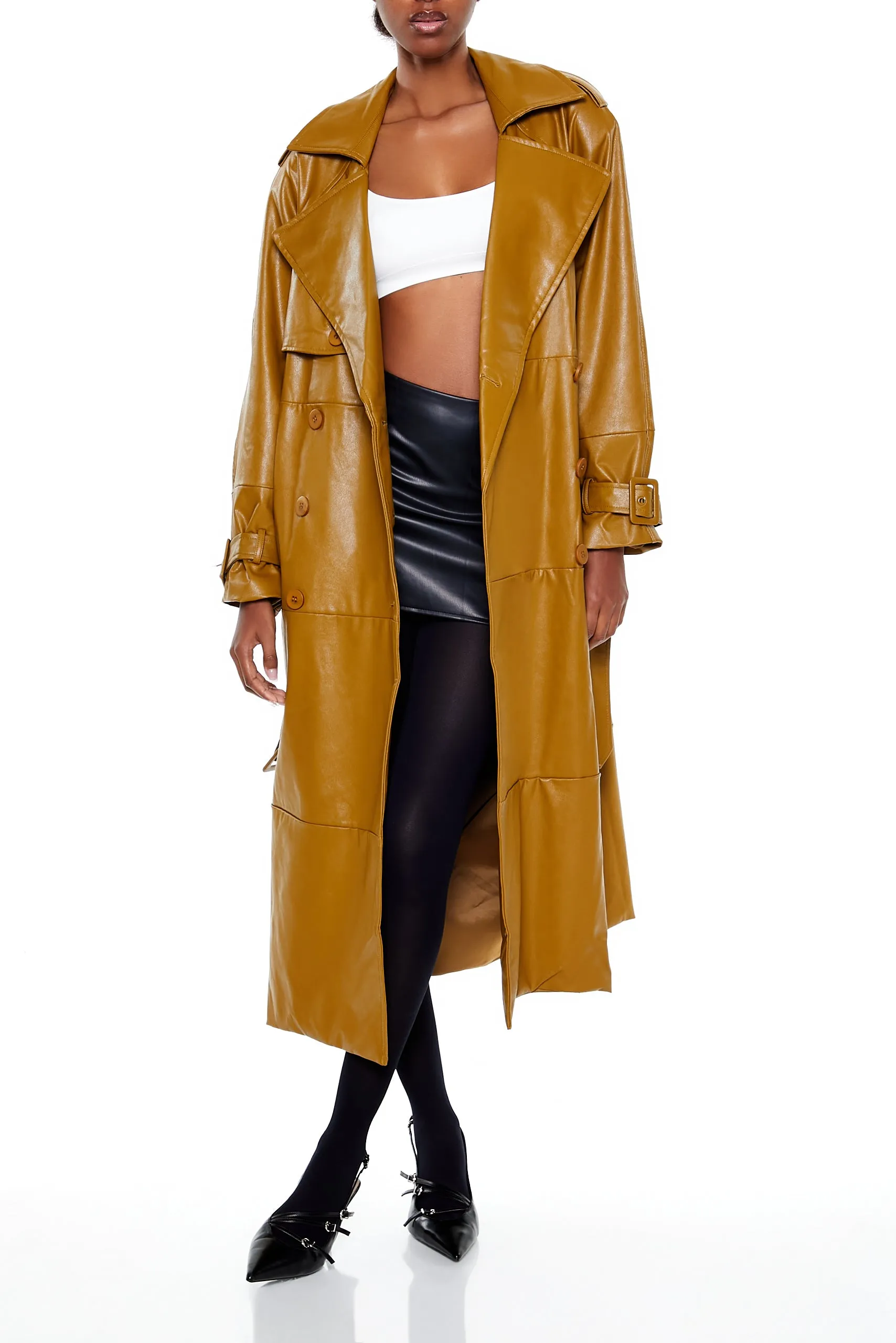 Belted Faux Leather Trench Coat