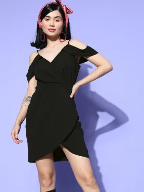 Berrylush Women Solid Black Off-Shoulder Neck Sleeveless Crepe Tulip Hem Wrap Bodycon Mini Dress