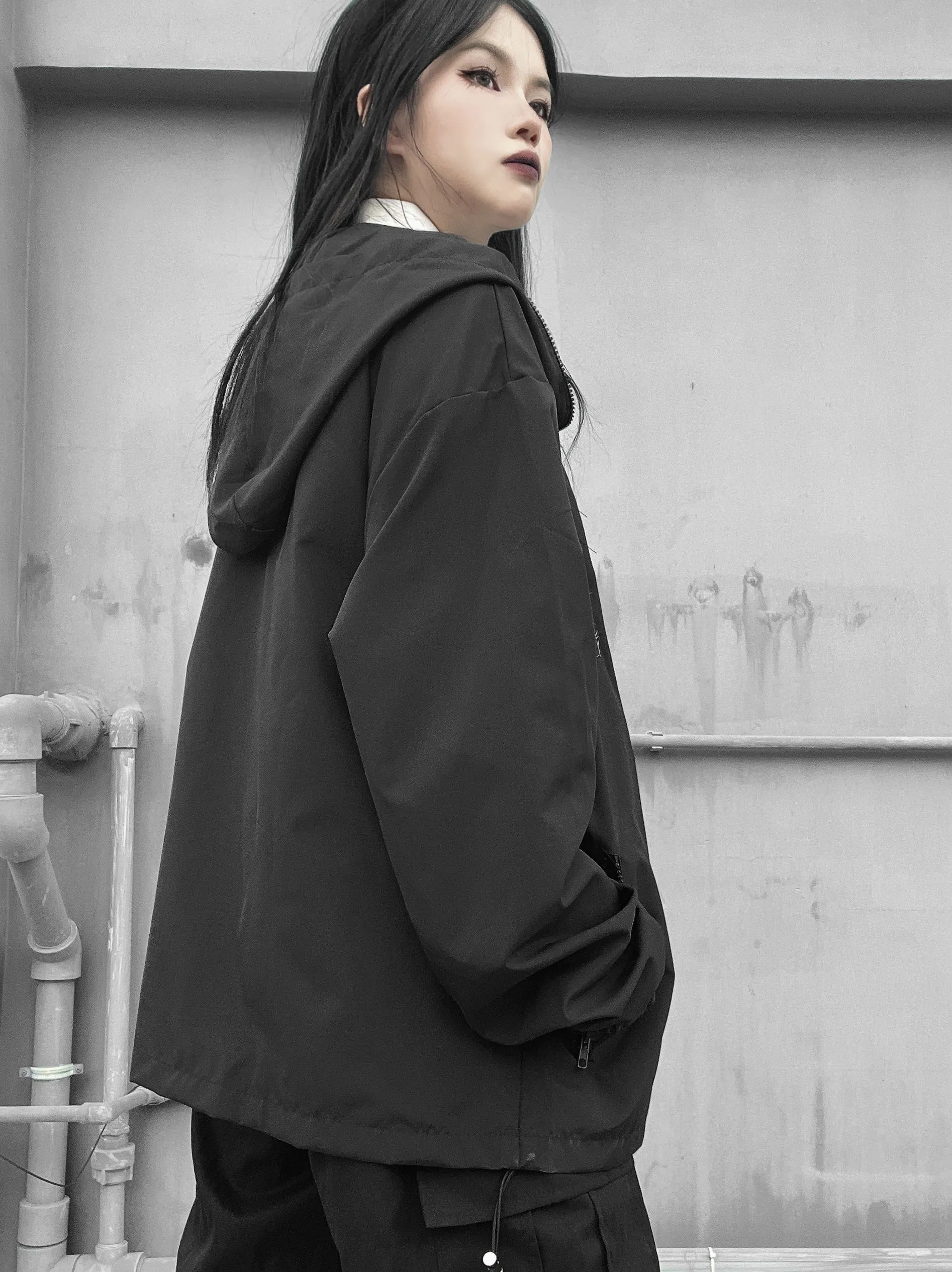 Black Casual Hooded Trench Coat   KF83169