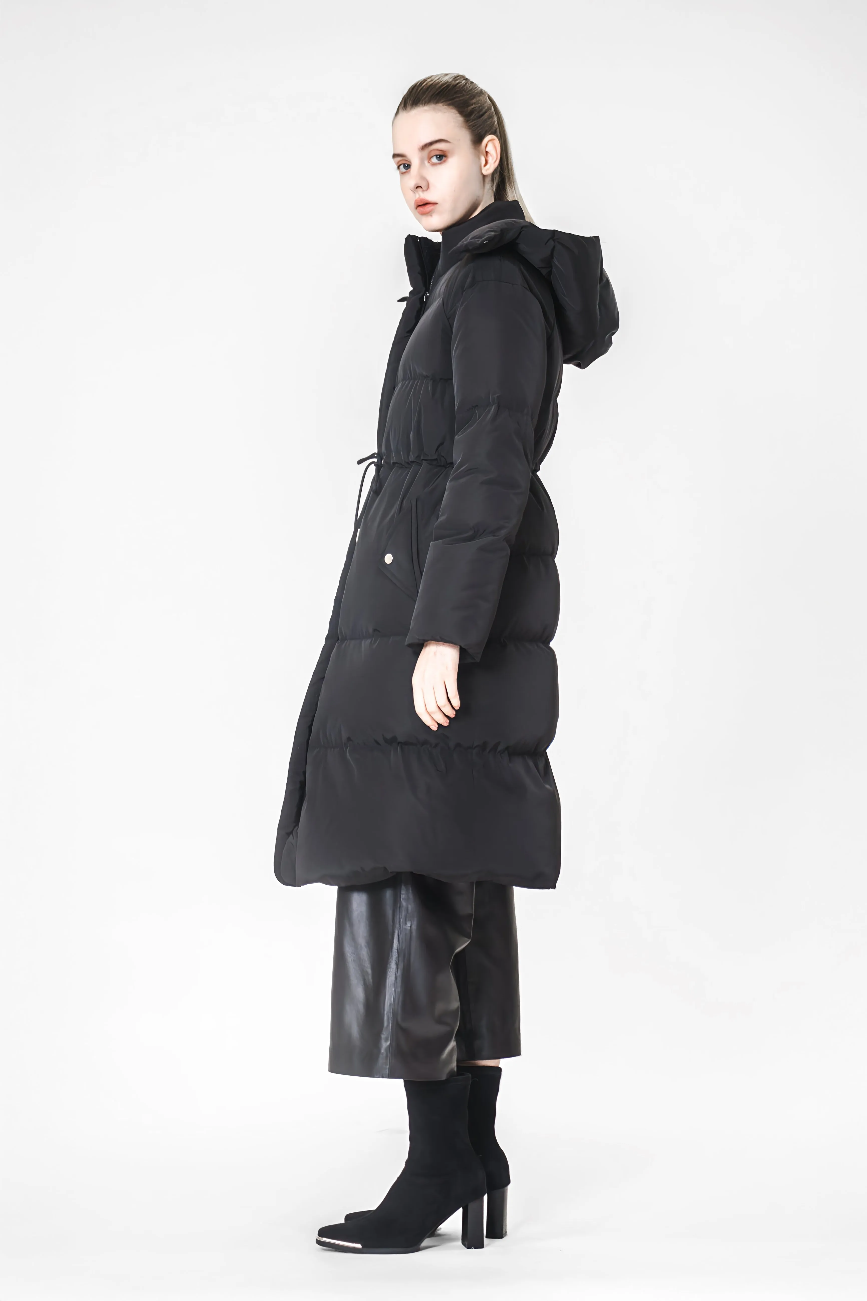 BLACK / CHESTNUT BROWN MID-LENGTH WAIST-TIED TRENCH COAT DOWN JACKET