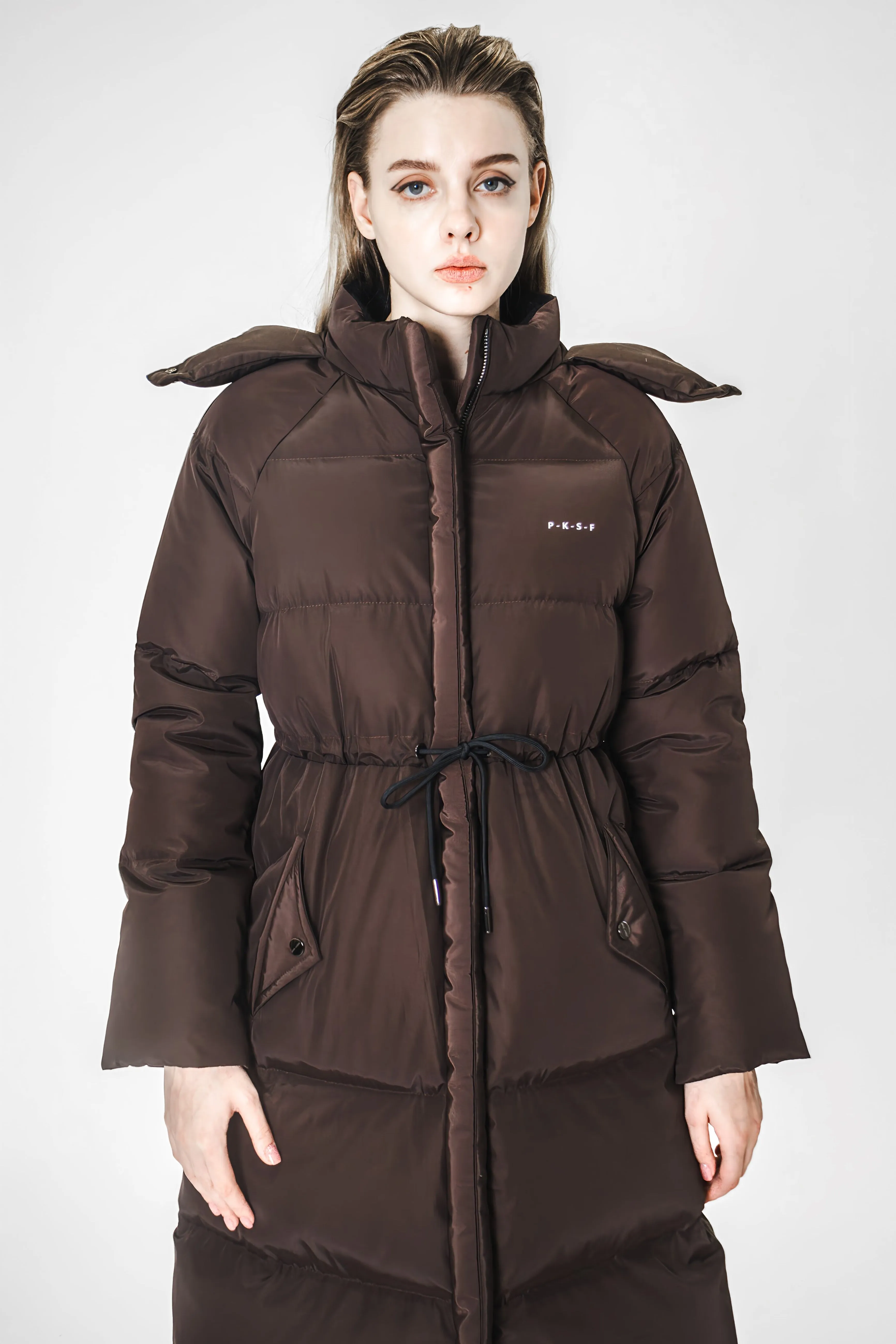 BLACK / CHESTNUT BROWN MID-LENGTH WAIST-TIED TRENCH COAT DOWN JACKET