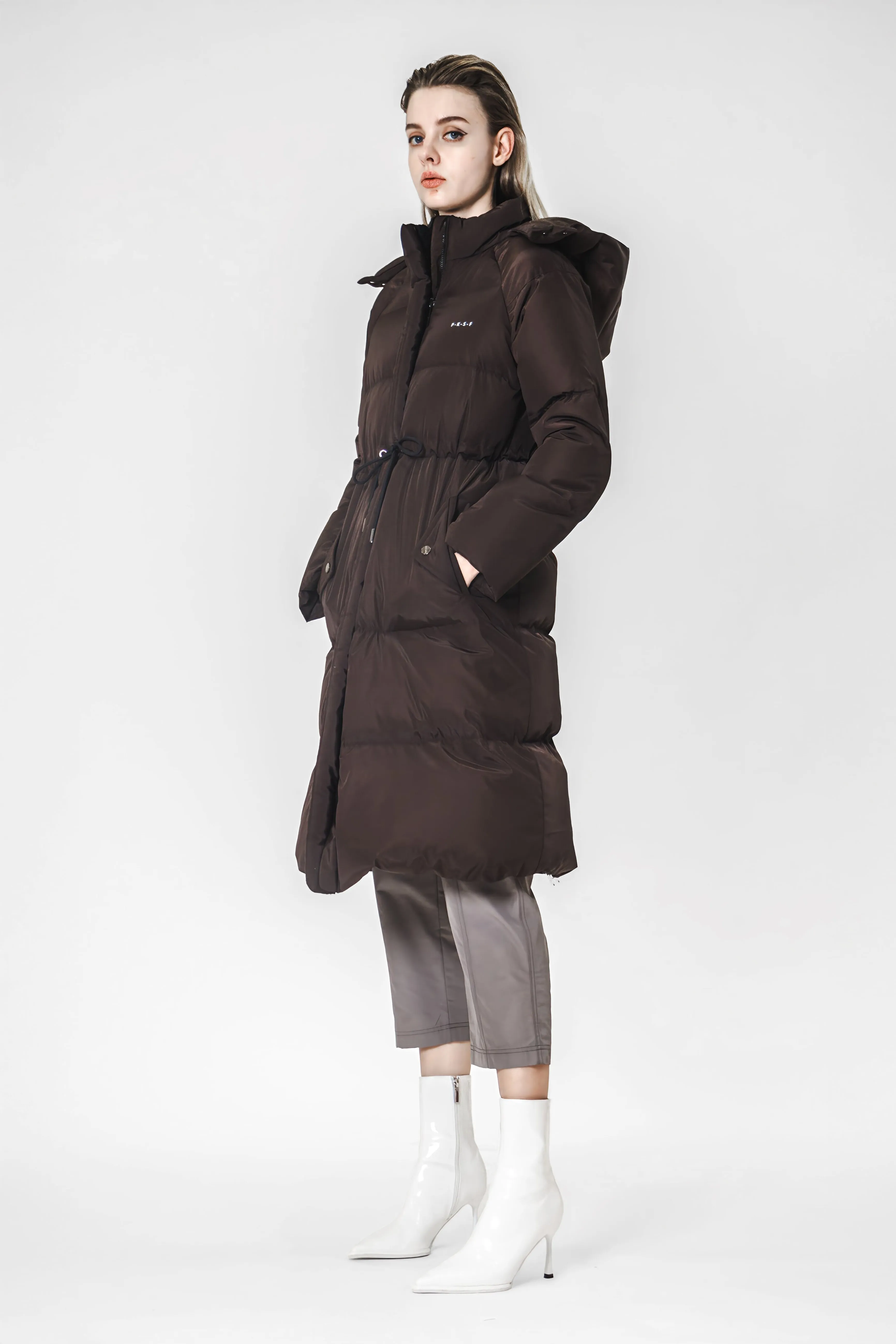 BLACK / CHESTNUT BROWN MID-LENGTH WAIST-TIED TRENCH COAT DOWN JACKET