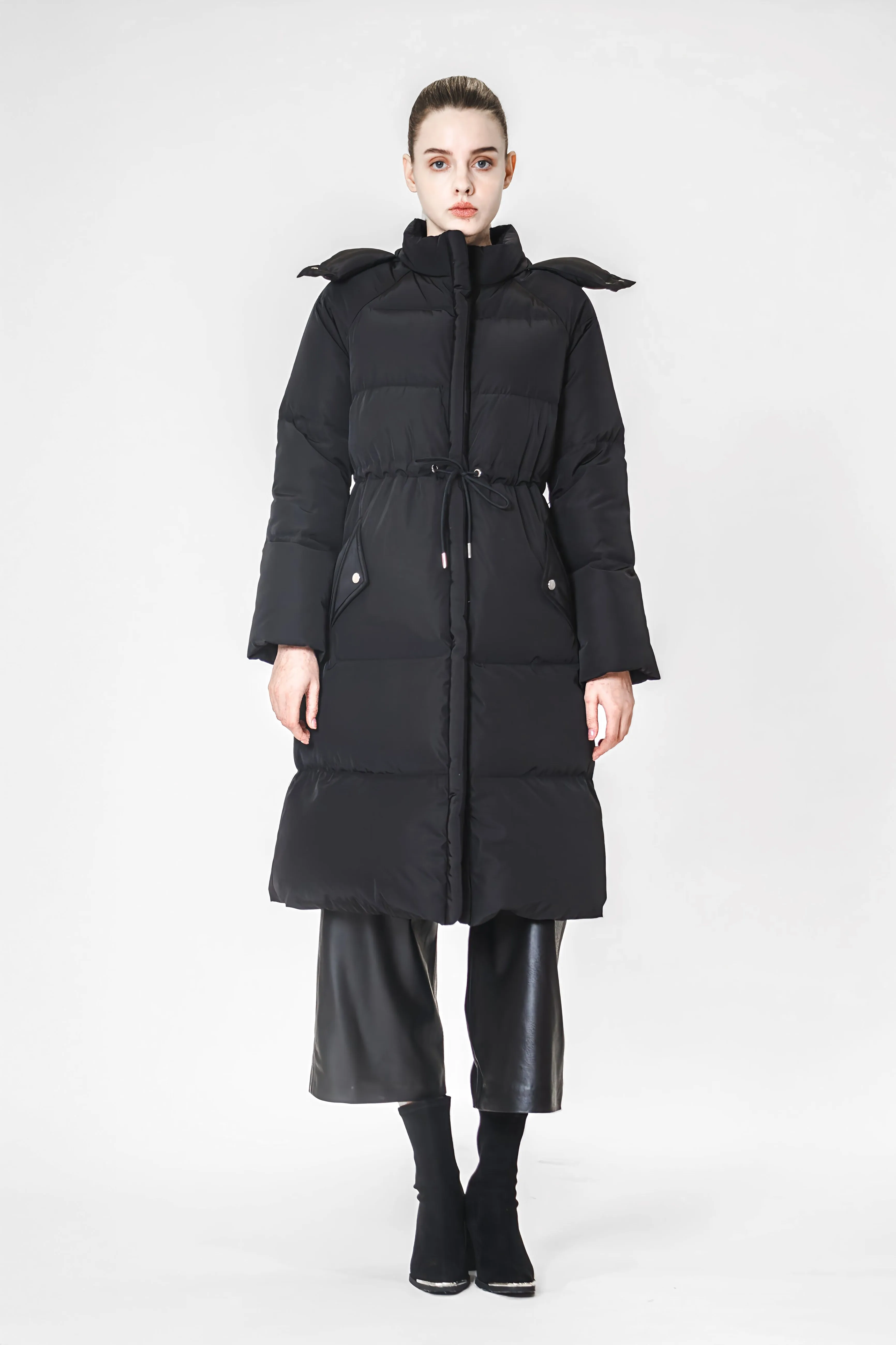 BLACK / CHESTNUT BROWN MID-LENGTH WAIST-TIED TRENCH COAT DOWN JACKET