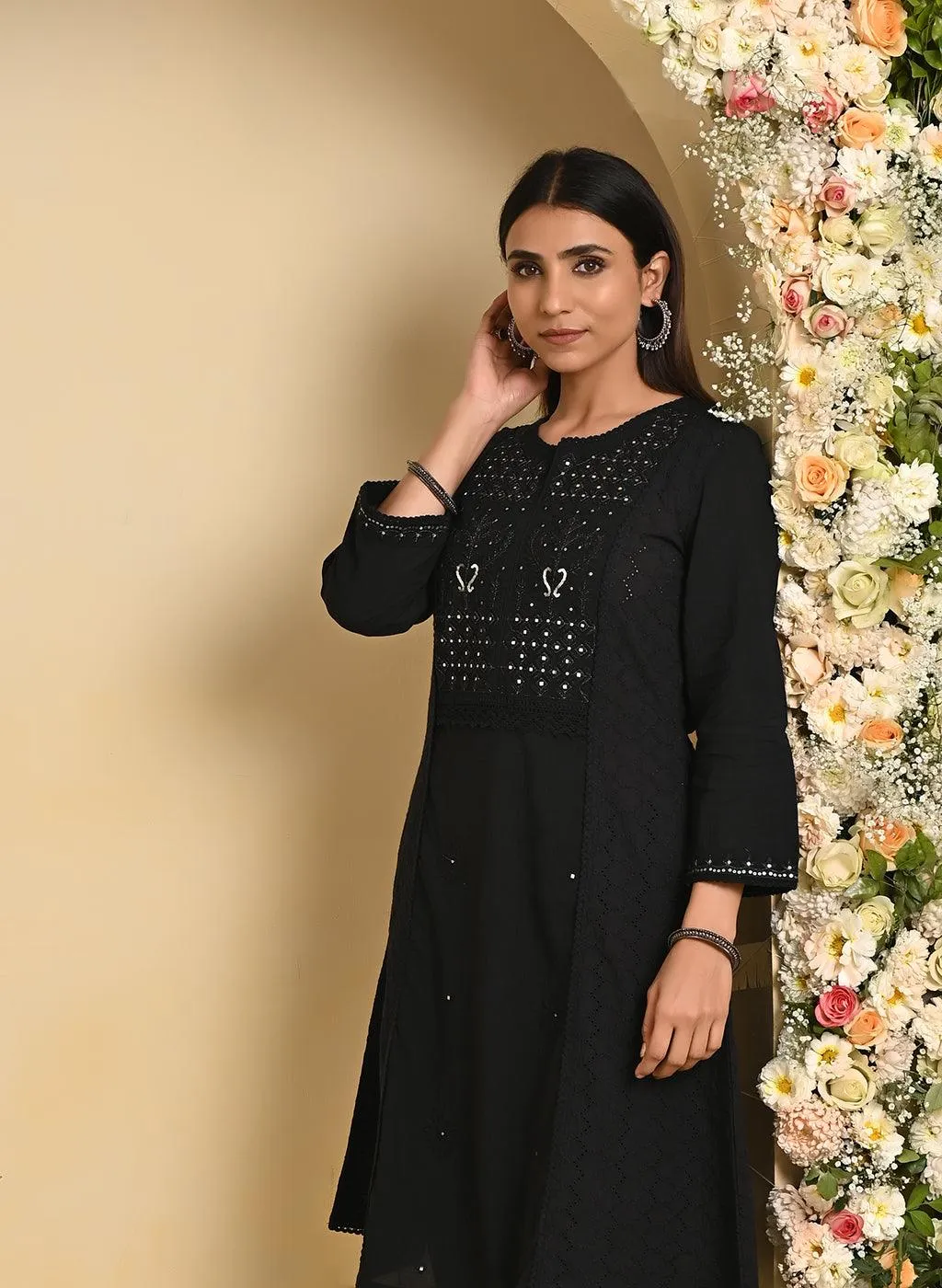 Black Mirror and Embroidery Long Kurta