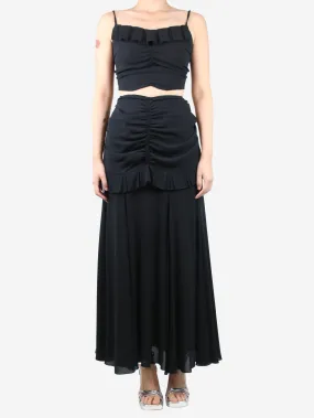 Black three-piece ruffled top, waist and maxi skirt set - size UK 10