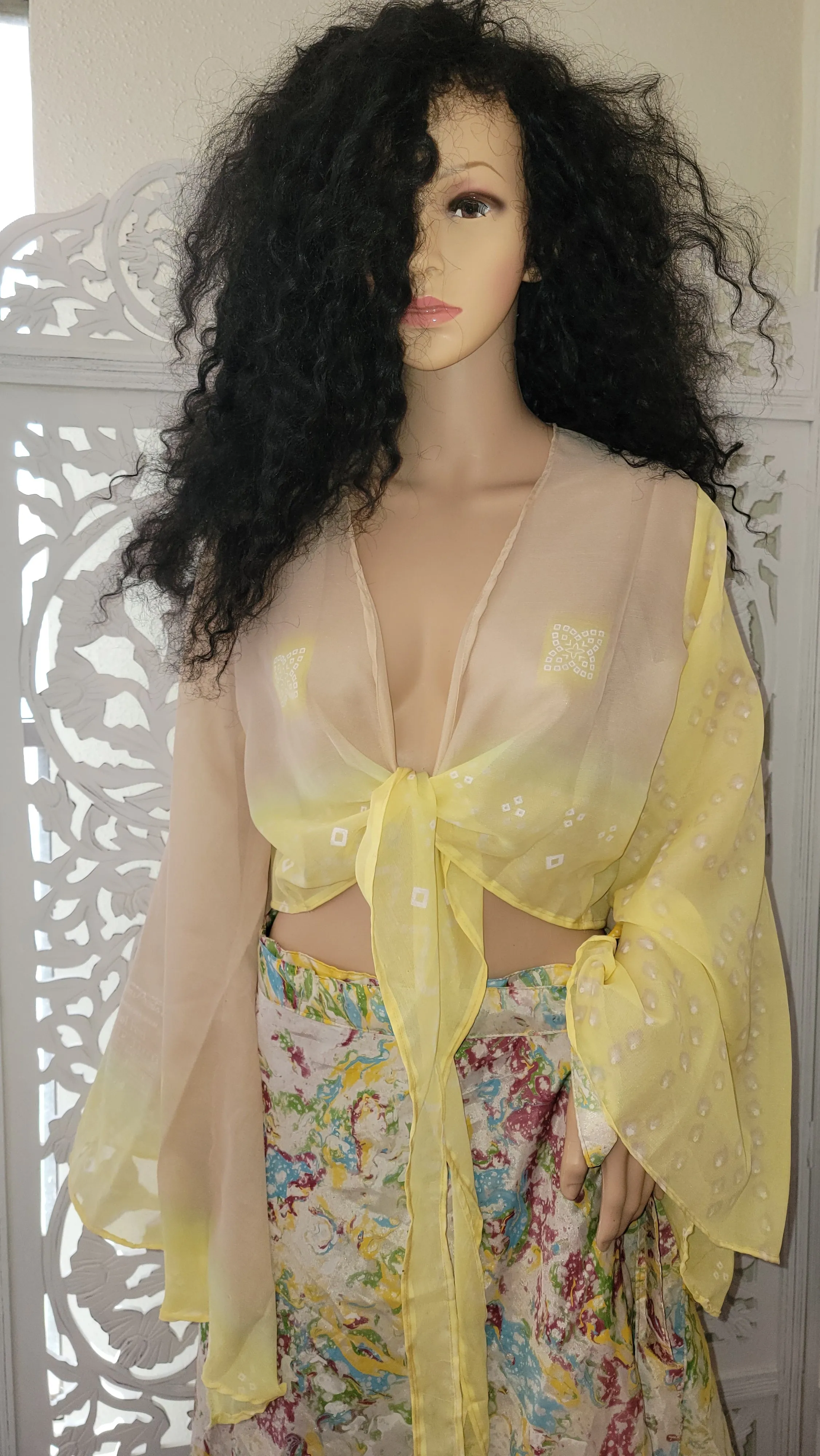 Boho Festival Yellow Print Silk Crop Tie Front Top