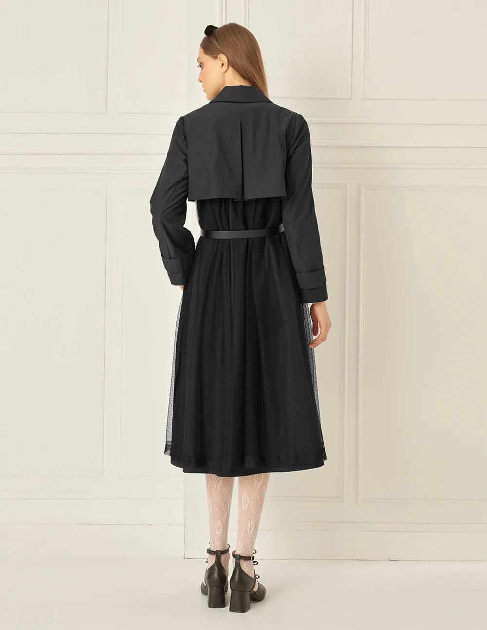 BORA AKSU Mesh Panelled Pleated Skirt Belted Trench Coat