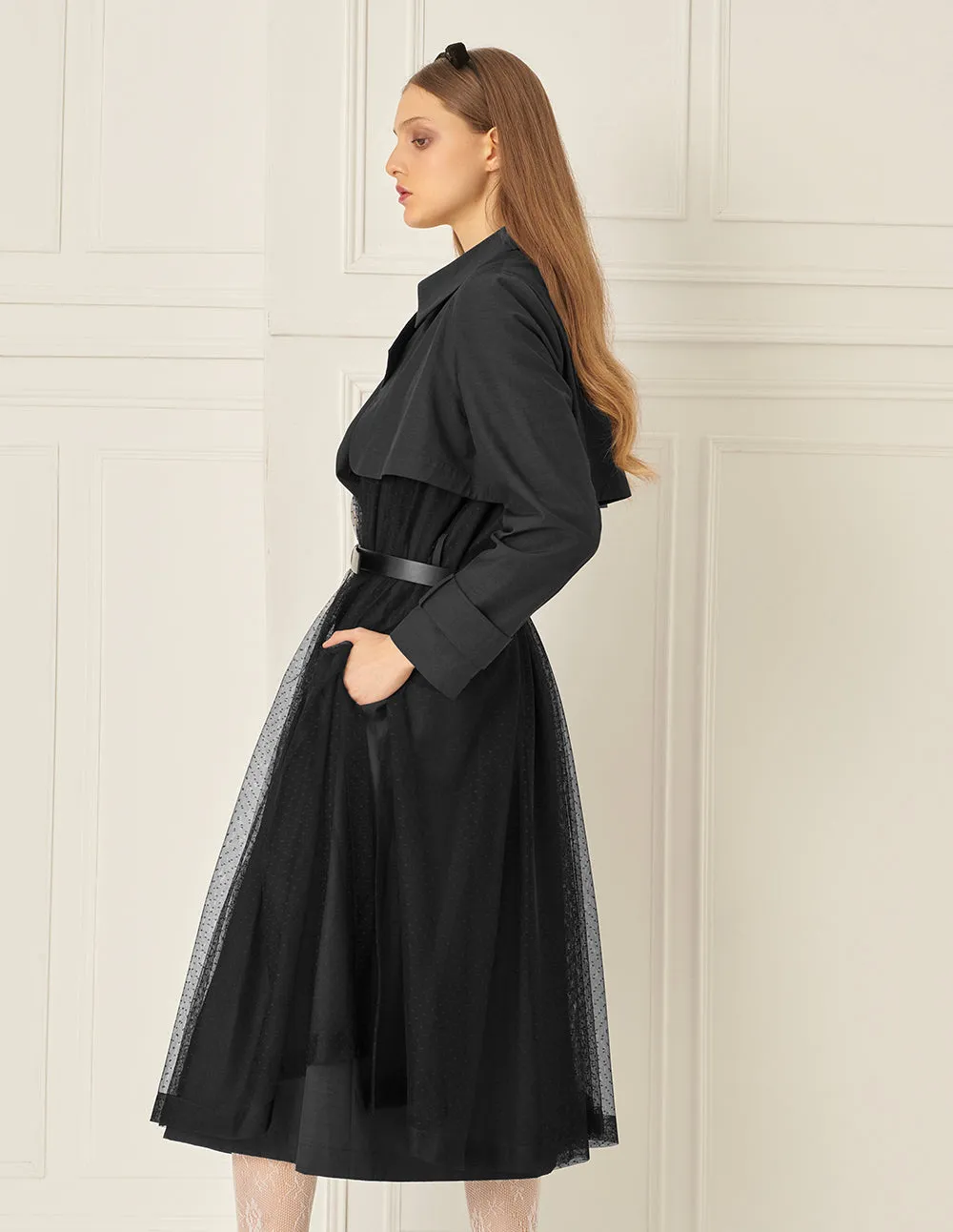 BORA AKSU Mesh Panelled Pleated Skirt Belted Trench Coat