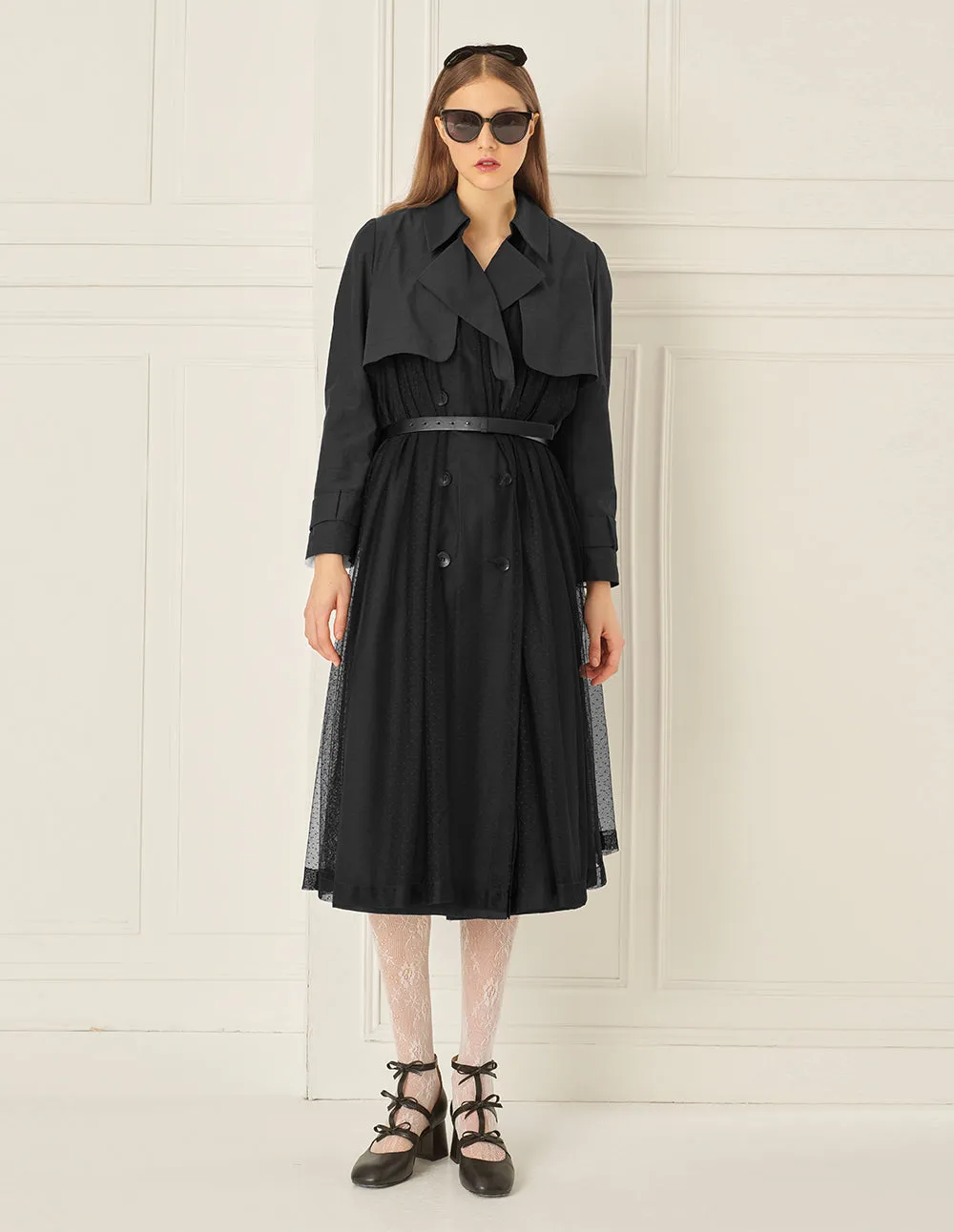 BORA AKSU Mesh Panelled Pleated Skirt Belted Trench Coat