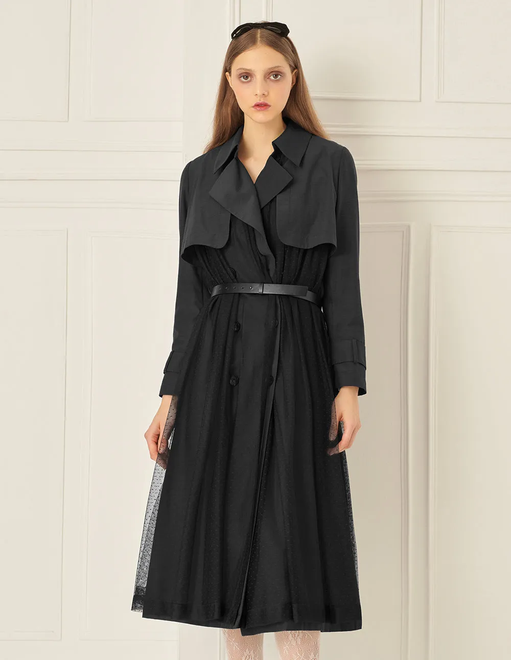 BORA AKSU Mesh Panelled Pleated Skirt Belted Trench Coat