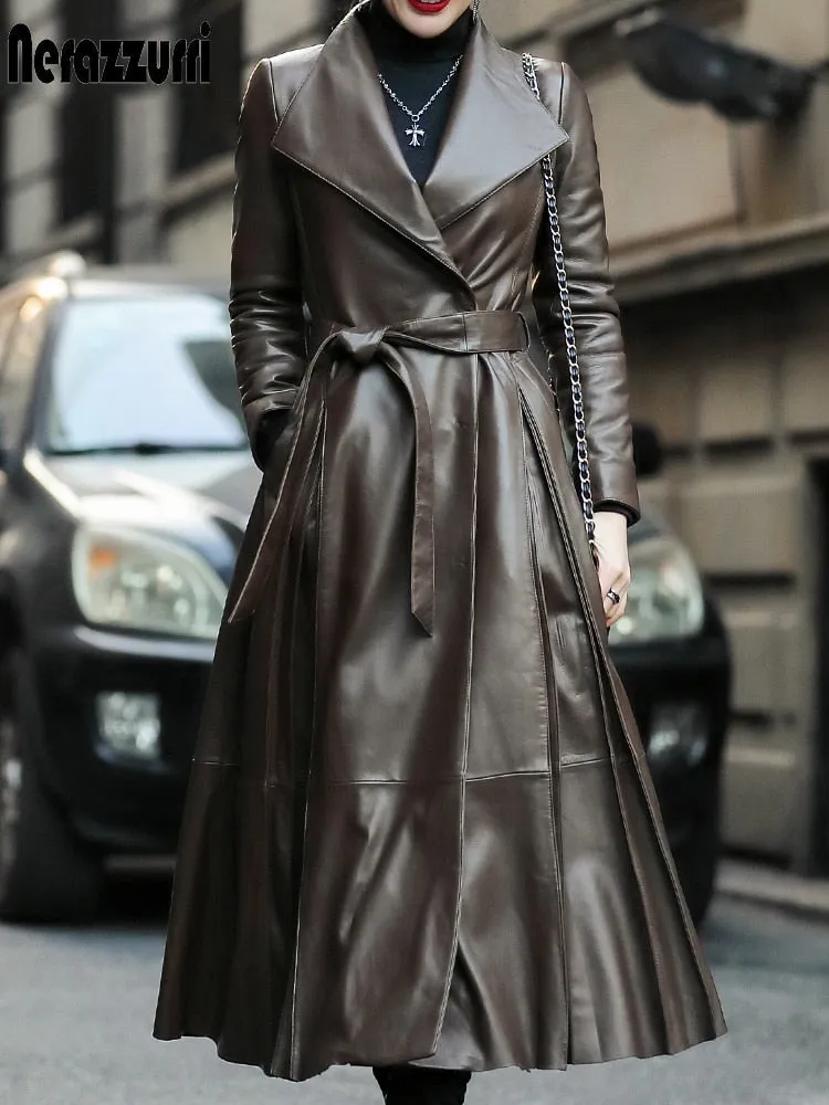 Brown Black Faux Leather Trench Coat with Belt Skirt