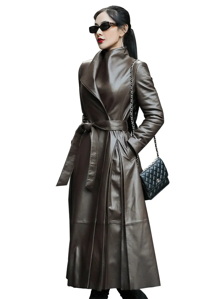 Brown Black Faux Leather Trench Coat with Belt Skirt