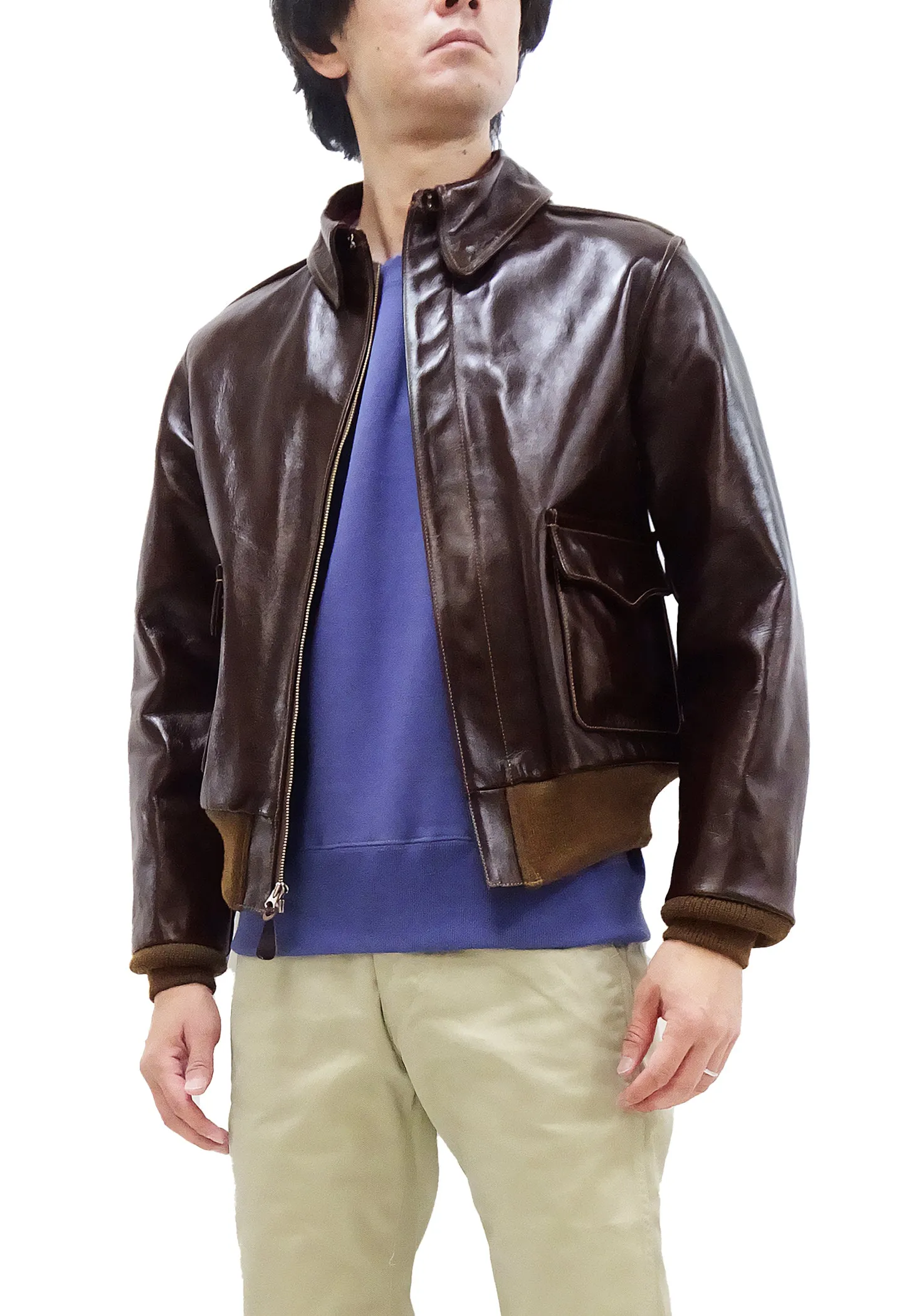 Buzz Rickson Jacket Men's A-2 Flight Jacket Plain A2 Aniline Leather Bomber Jacket BR80593 Seal Brown