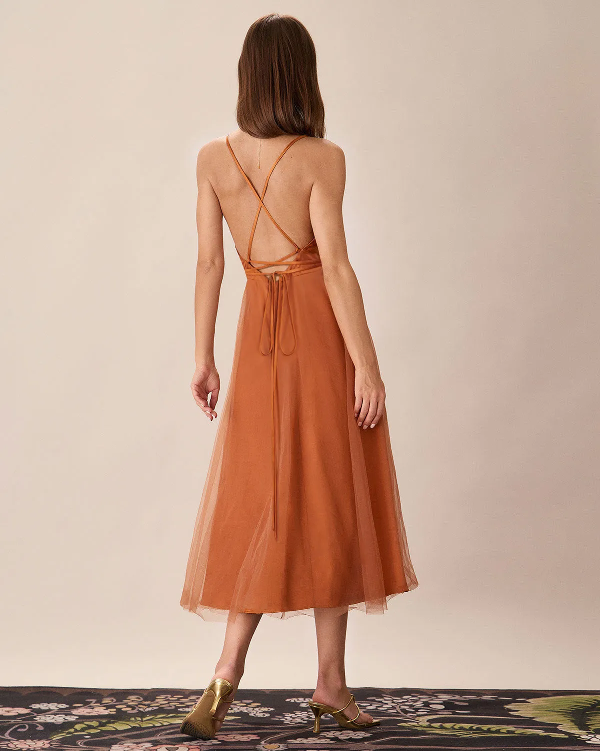 Caramel Mesh Flowy Slip Midi Dress