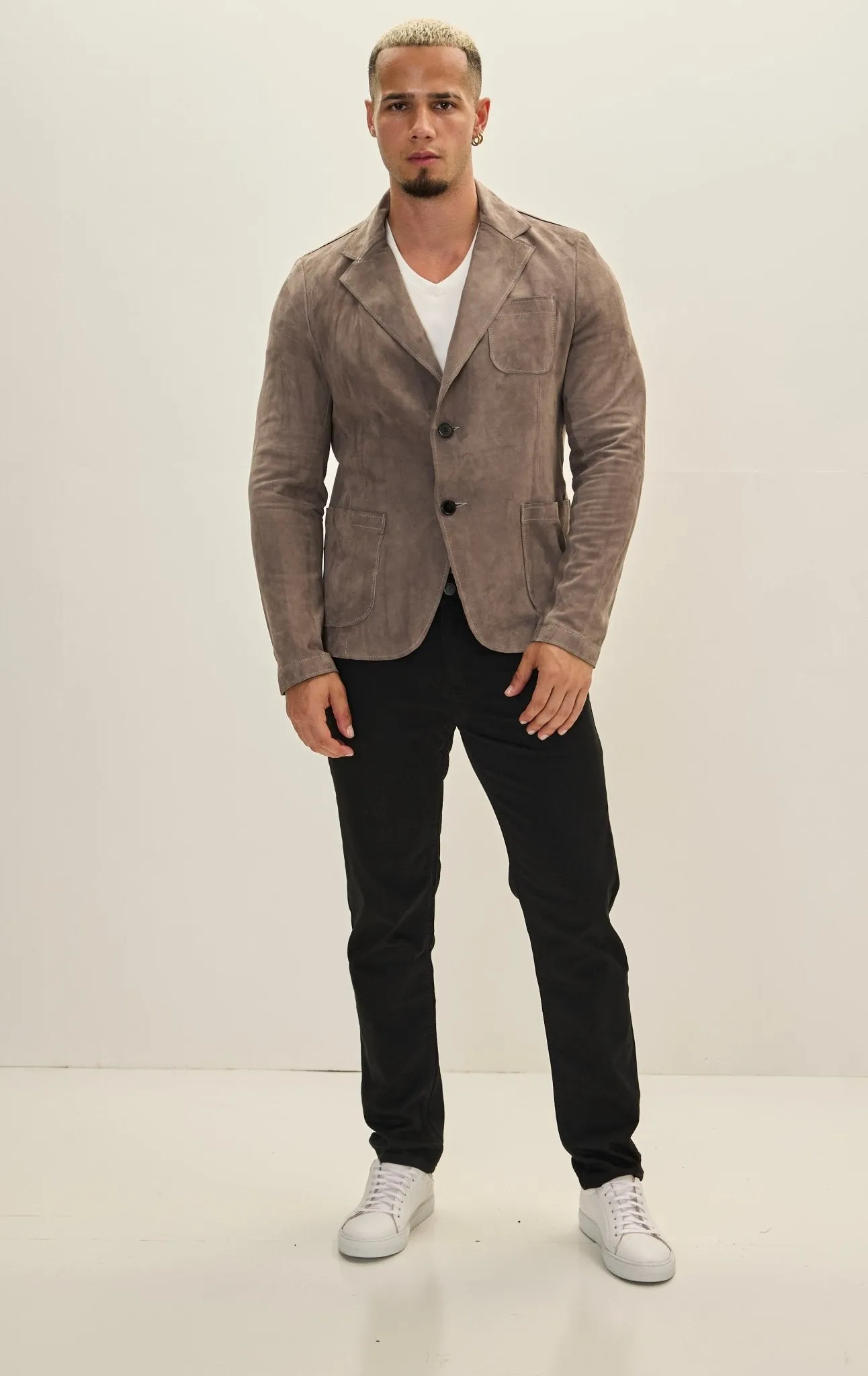 Classic Two-Button Suede Leather Blazer - Grey