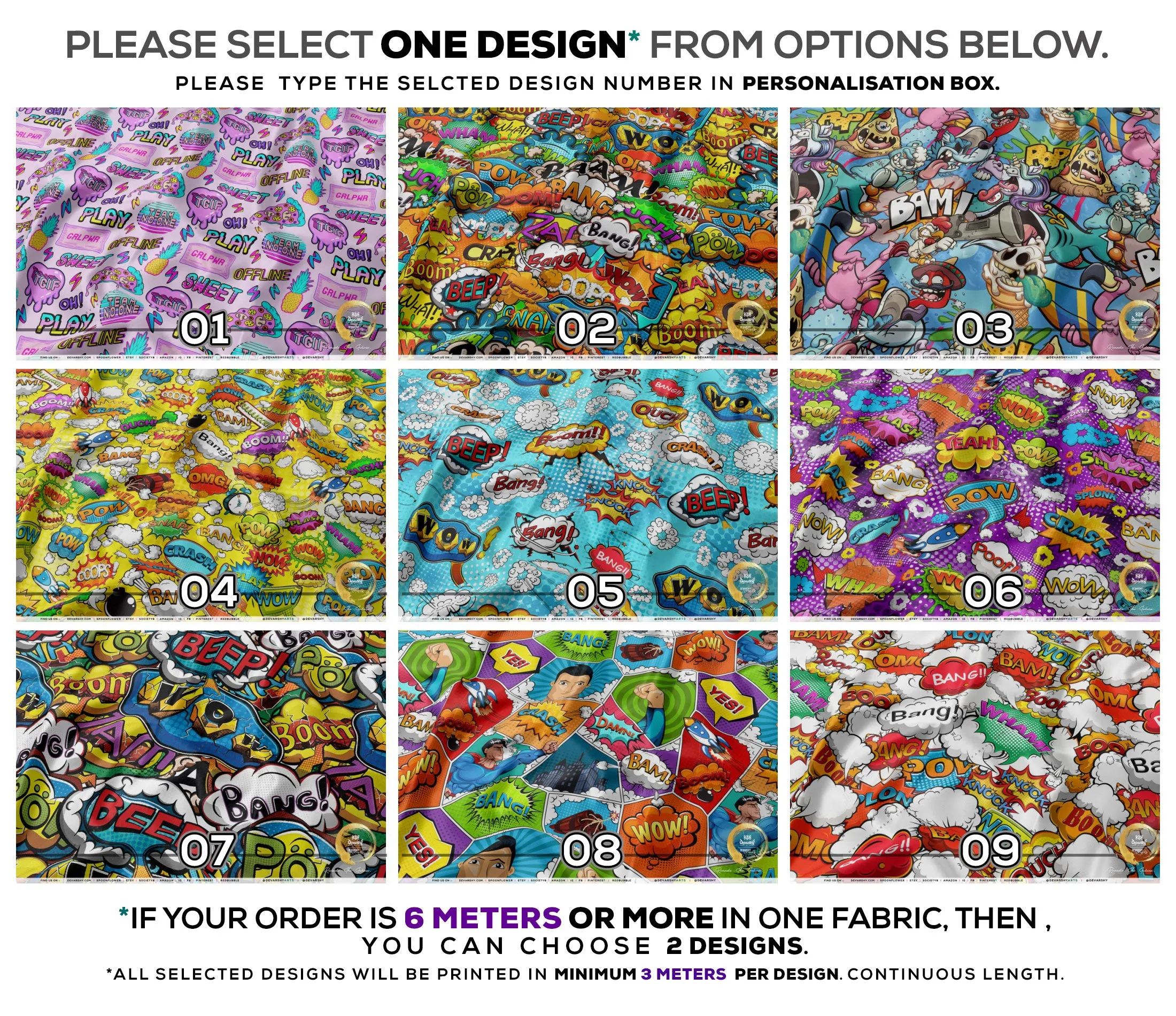 COMIC Apparel Fabric 3Meters , 9 Designs | 8 Fabrics Option | Cartoon Fabric By the Yard | 025