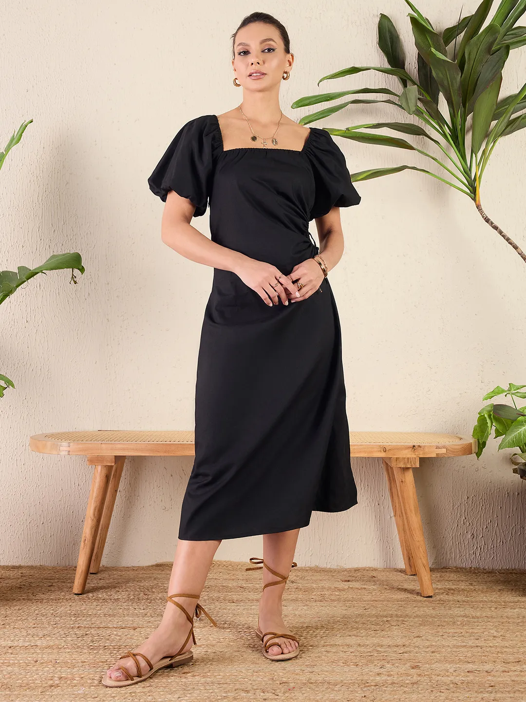 Cotton Poplin Side Cut-Out Midi Dress