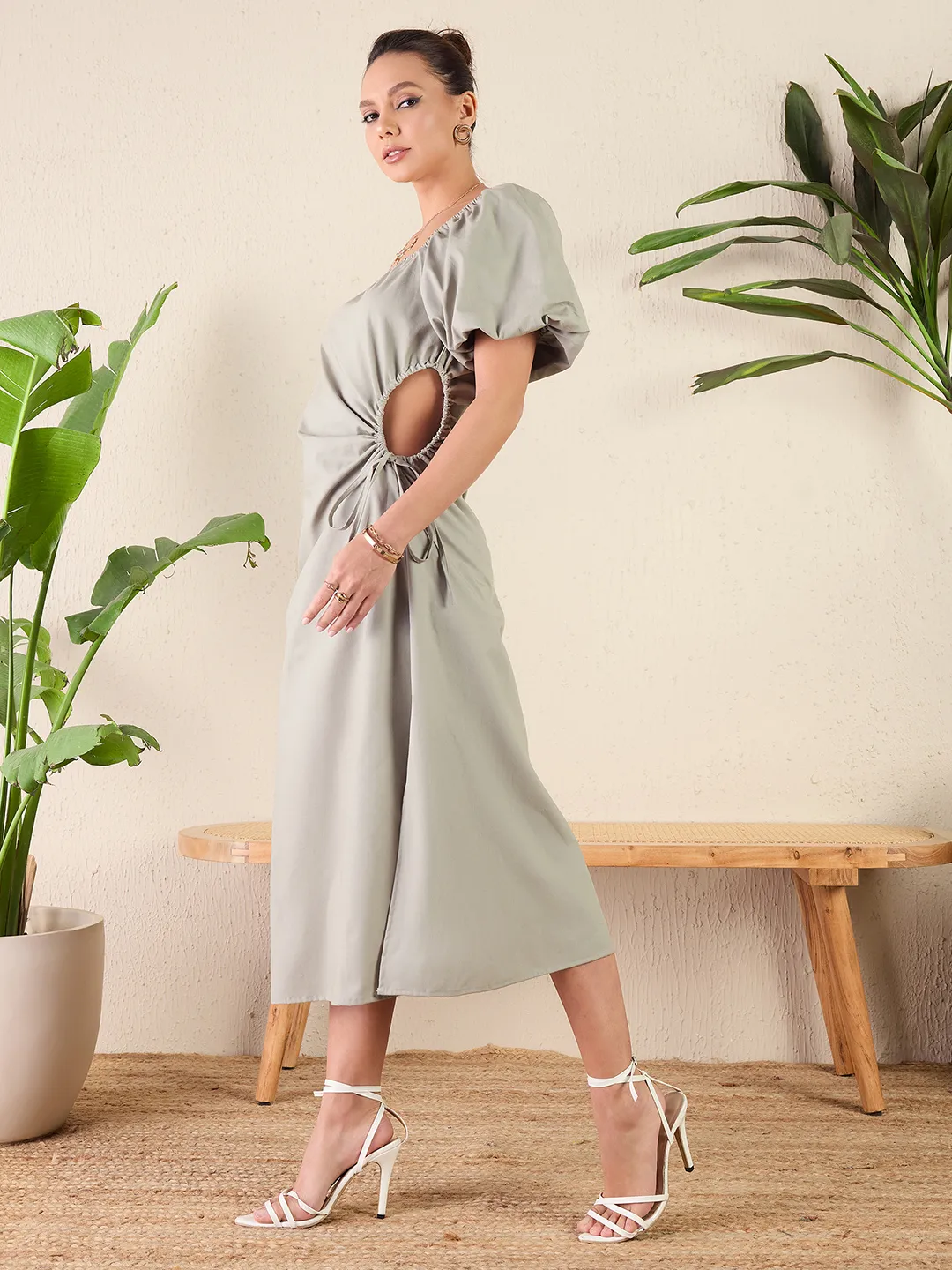 Cotton Poplin Side Cut-Out Midi Dress