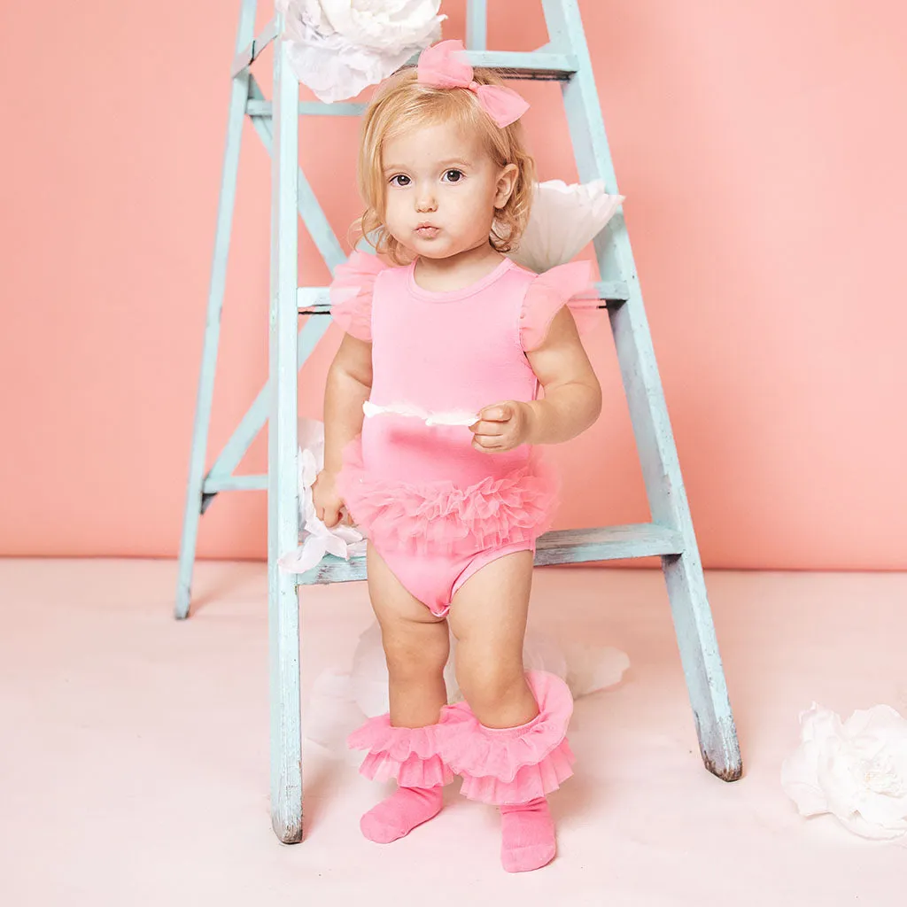 Cruisin' Pink Tulle Sleeve Ruffled Back Bodysuit