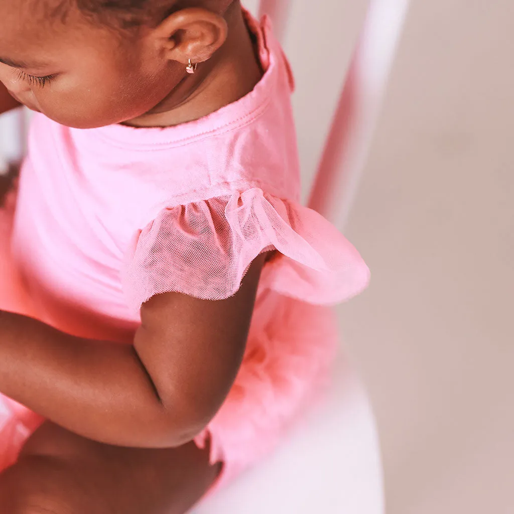 Cruisin' Pink Tulle Sleeve Ruffled Back Bodysuit