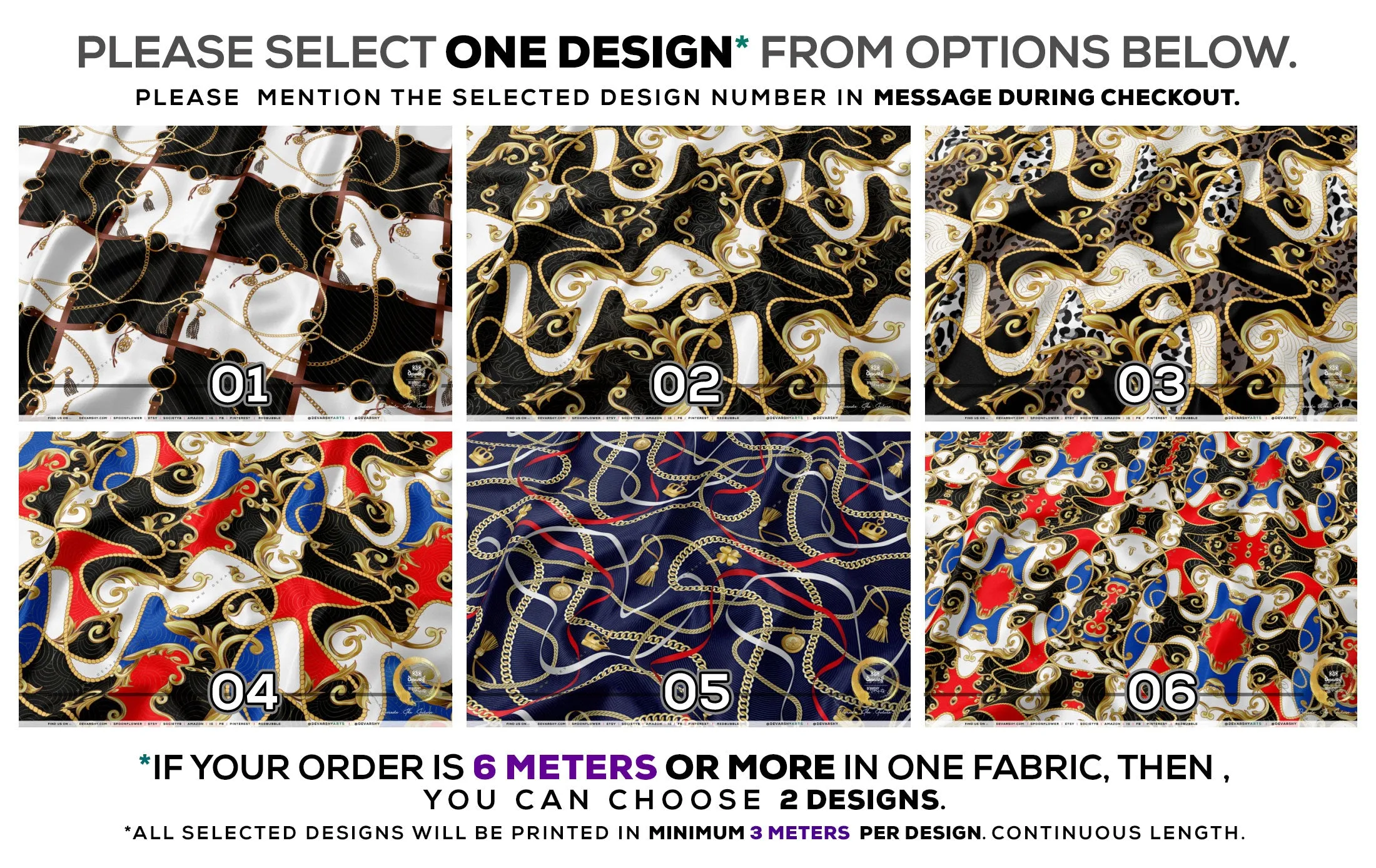 Decorative Chains Apparel Fabric 3Meters , 6 Designs | 8 Fabrics Option | Baroque Fabric By the Yard | 041