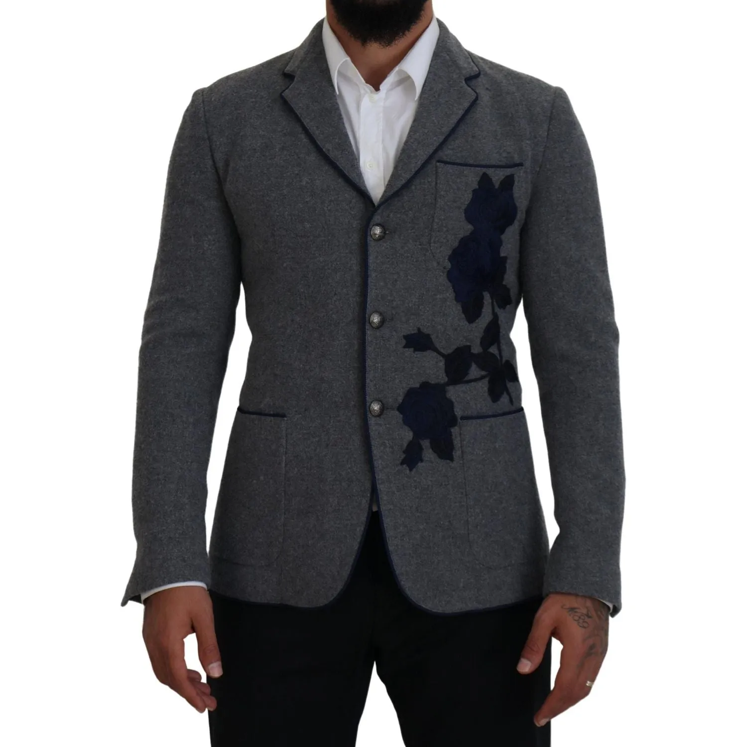 Dolce & Gabbana Elegant Gray Wool Blazer with Blue Rose Embroidery