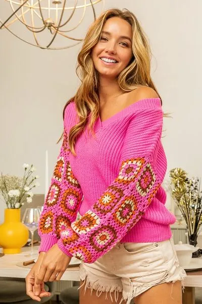 Edith V-Neck Crochet Long Sleeve Sweater