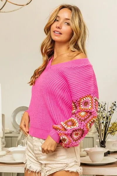 Edith V-Neck Crochet Long Sleeve Sweater