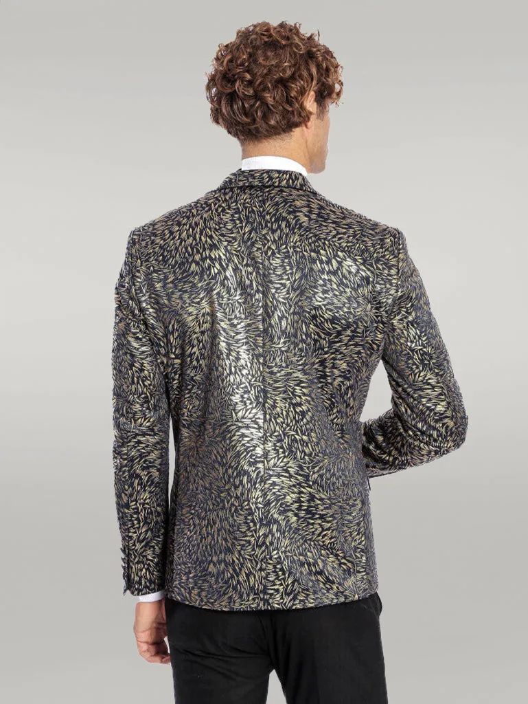 Feather Patterned Slim Fit Navy Blue Men Dinner Jacket - Wessi