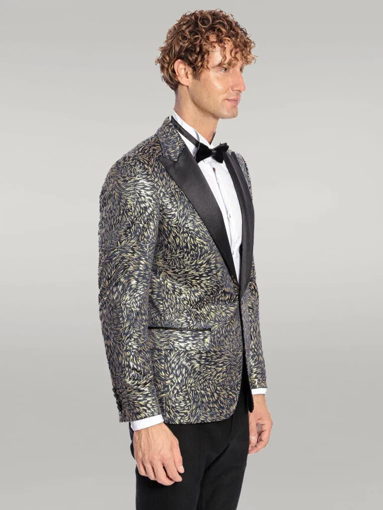 Feather Patterned Slim Fit Navy Blue Men Dinner Jacket - Wessi