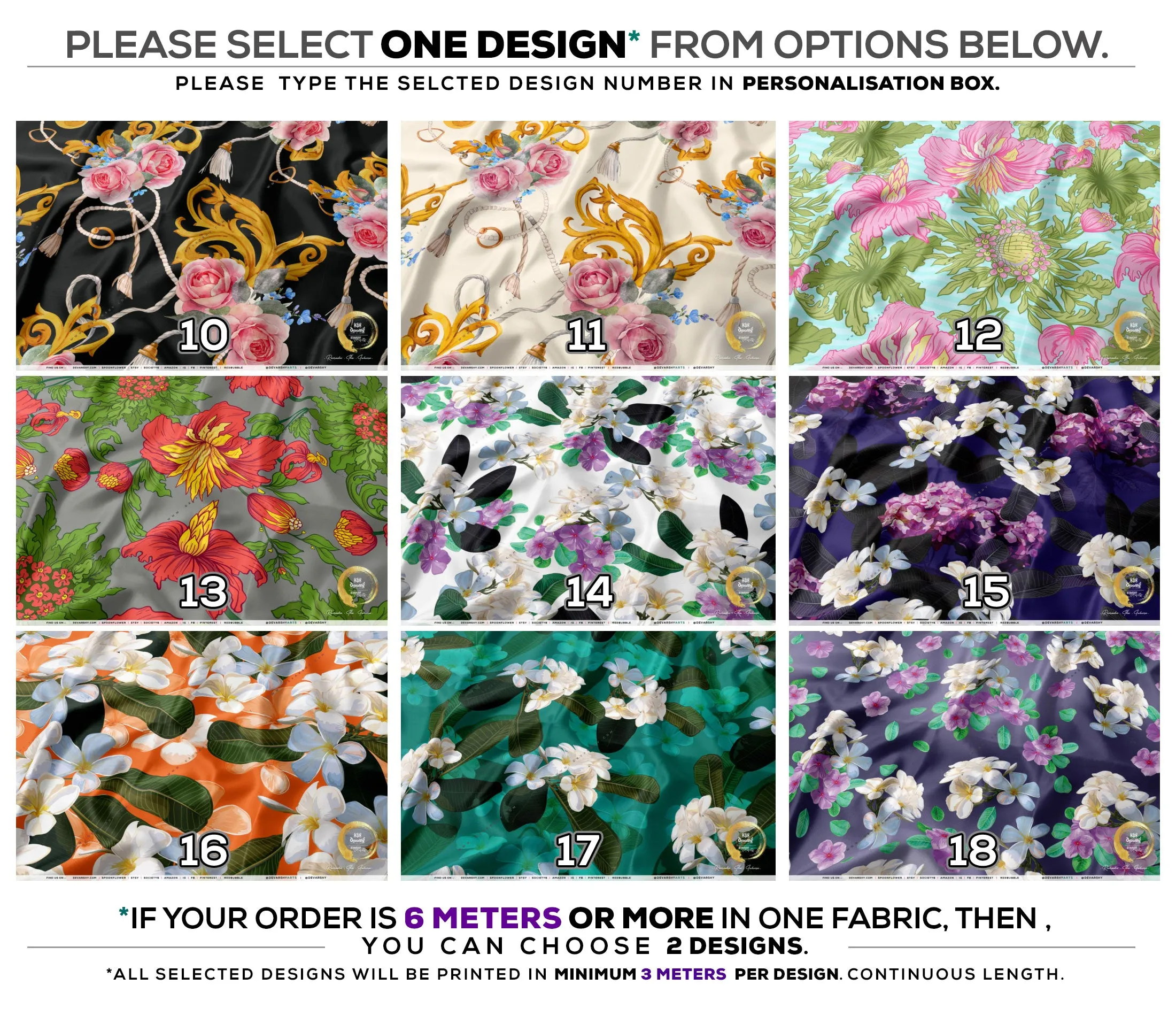 Floral Print Apparel Fabric 3Meters , 9 Designs | 8 Fabrics Option | Fabric By the Yard | D20183