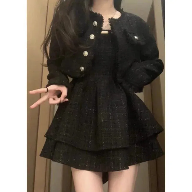 Flytonn-Fall Outfits Women Outwear Streetwear -Fashion Temperament Suit Dress Female Clothes Tight Waist Suspender Skirt Pettiskirt Short Coat Socialite Two Piece Set Woman