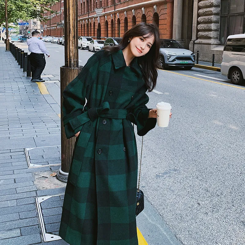 French Green Plaid Woolen Coat Is Lightly Cooked And Loose And Slim