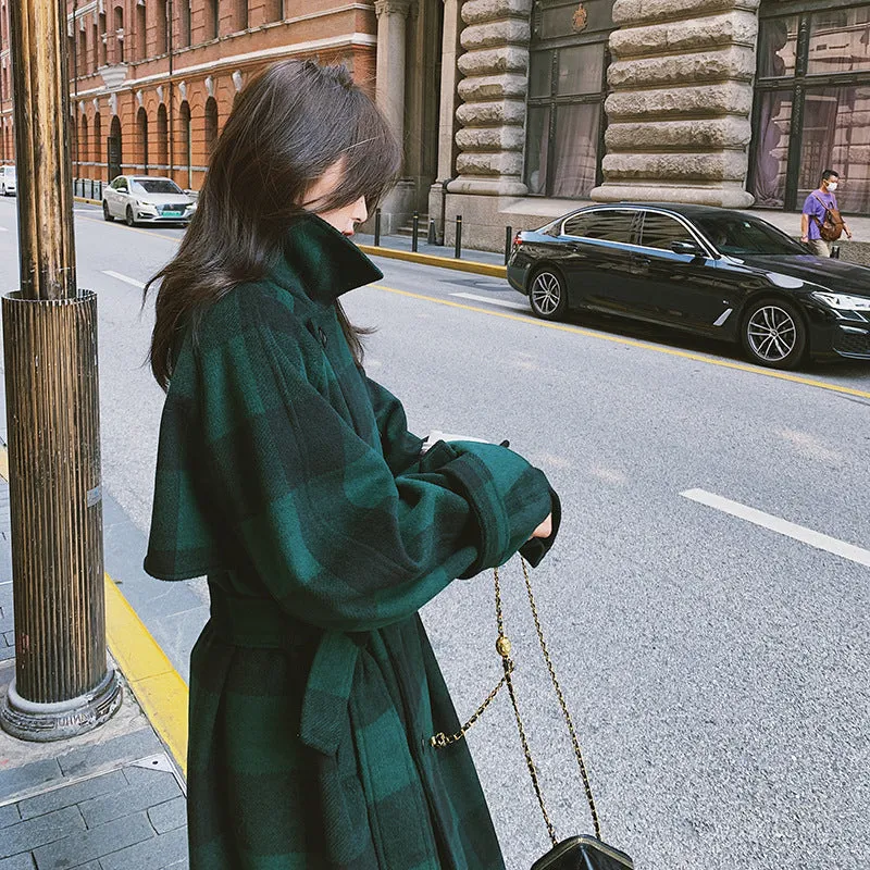 French Green Plaid Woolen Coat Is Lightly Cooked And Loose And Slim