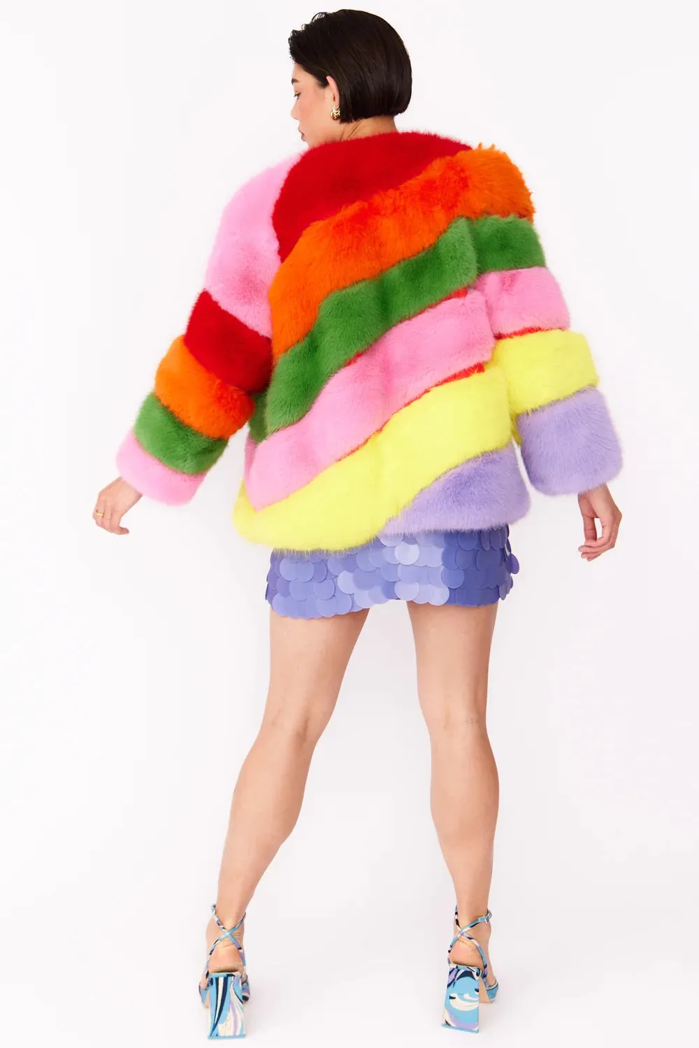 Gaga Faux Fur Striped Rainbow Coat